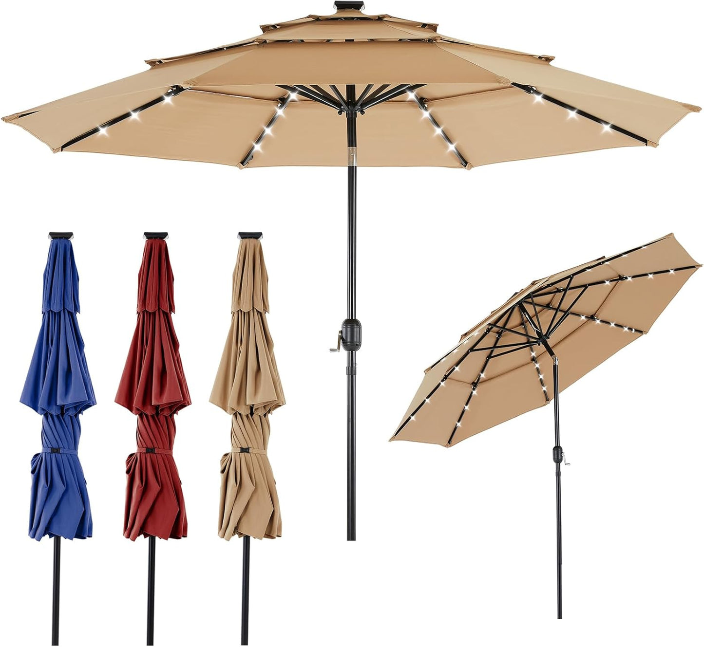 OLIXIS 10FT Solar Patio Umbrella with 32 LED Lights, Tilt, Crank Button, 8 Sturdy Ribs and Waterproof, Lighted Umbrellas for Poolside, Backyard, Terrace, Garden
