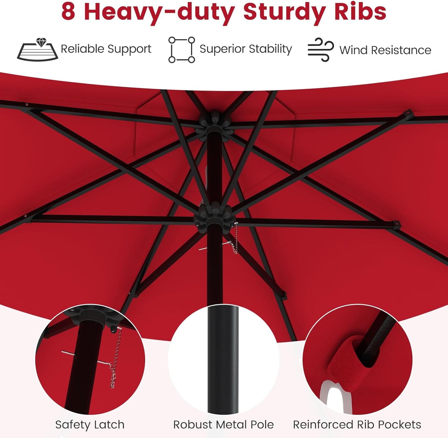 HAPPYGRILL 9 FT Patio Umbrella Outdoor Market Sunshade w/Solar LED Lights, Ruffles, Vented Top, Tilt Adjustment & Built-in Crank, Parasol Canopy for Backyard Poolside Deck Beach Lawn