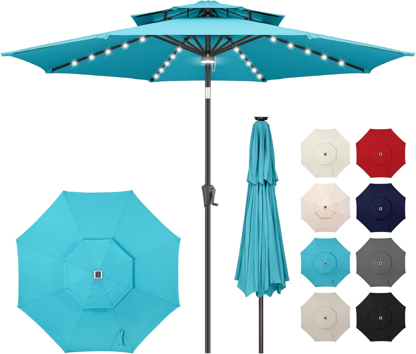 9ft Solar Umbrella Outdoor - Lighted Patio Umbrella with 40 LED Lights Waterprool Uv Protection, Table Umbrella with Tilt & Crank for Pool, Porch, Garden, Deck, Backyard(Red)