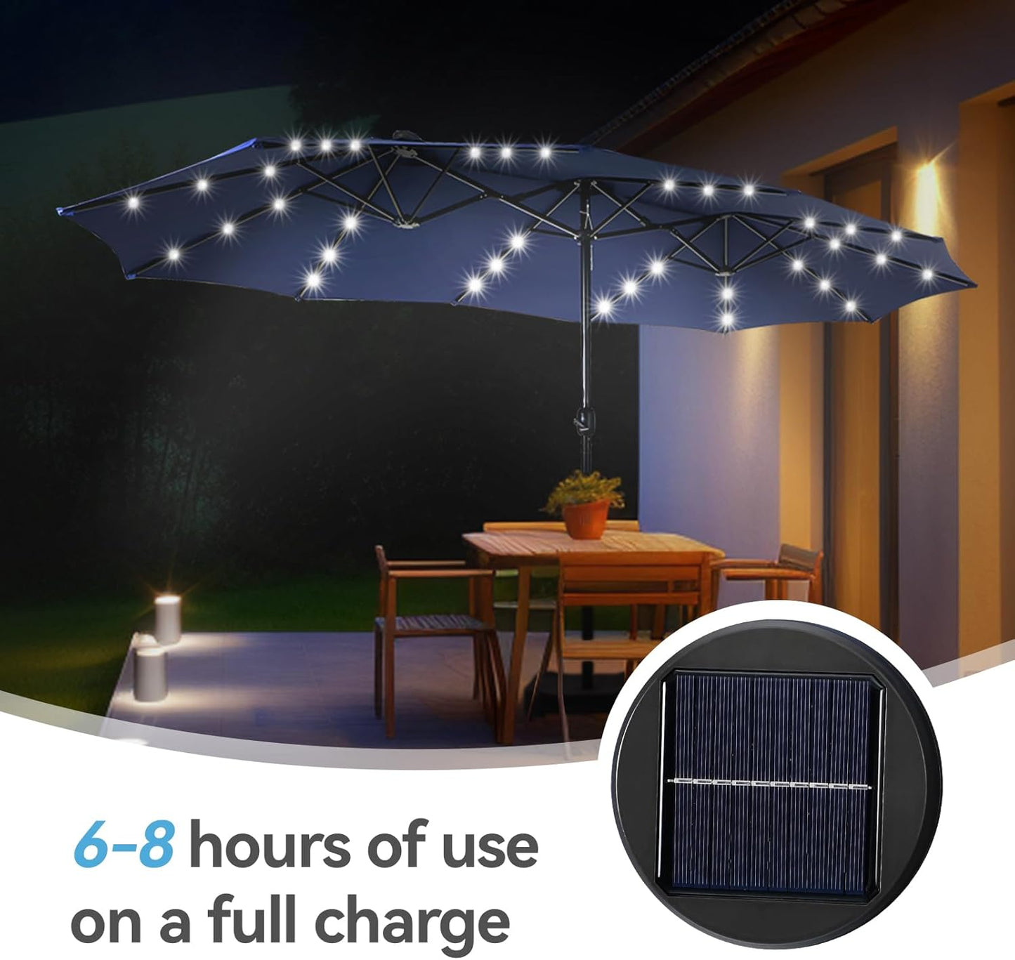 GREEN PARTY 15 ft Rectangle Patio Umbrella with Solar Lights and Base Included, Double-Sided Market Table Umbrella with Crank, Large Outdoor Umbrellas for Patio Poolside Garden Backyard, Navy Blue