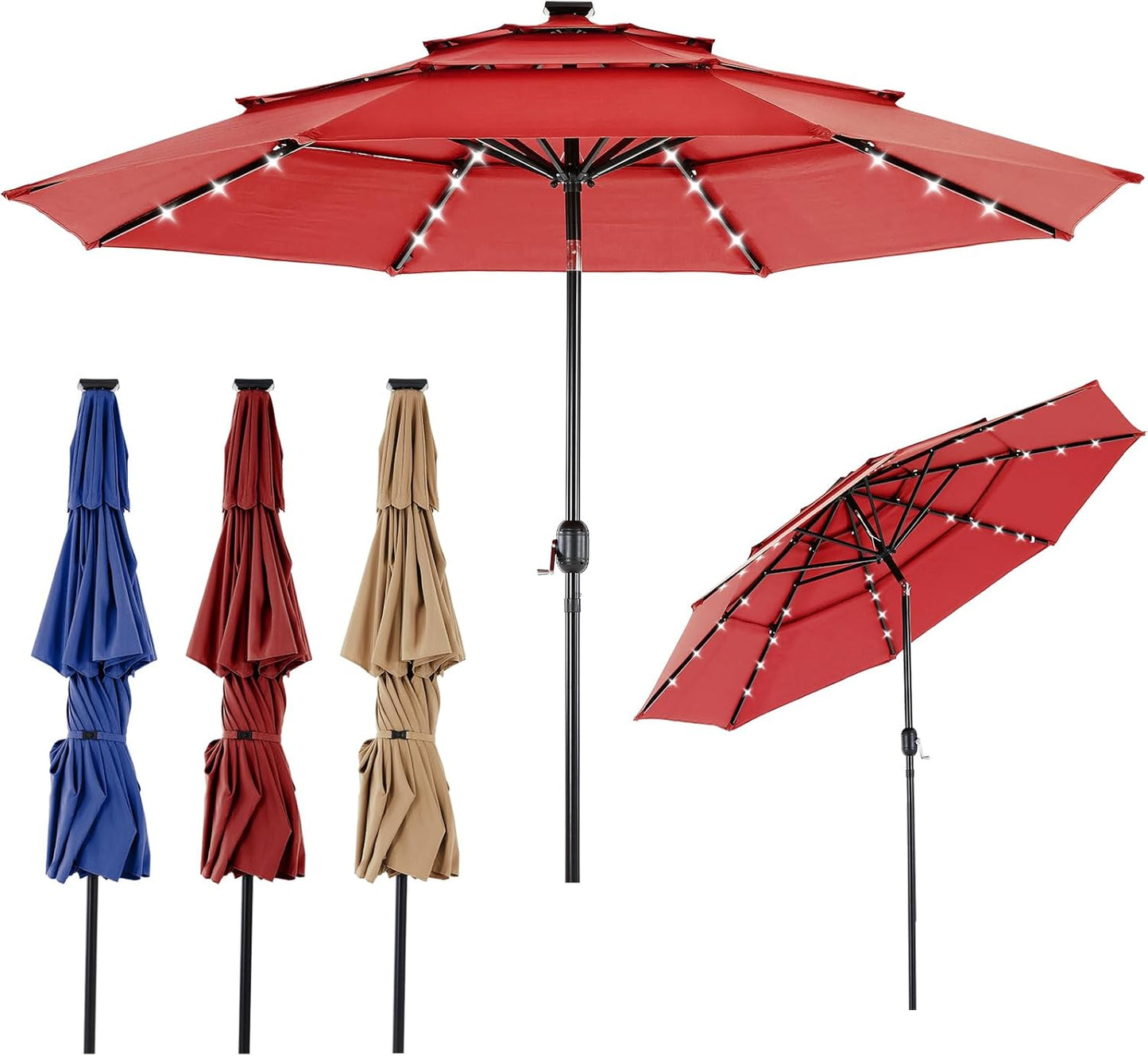 OLIXIS 10FT Solar Patio Umbrella with 32 LED Lights, Tilt, Crank Button, 8 Sturdy Ribs and Waterproof, Lighted Umbrellas for Poolside, Backyard, Terrace, Garden