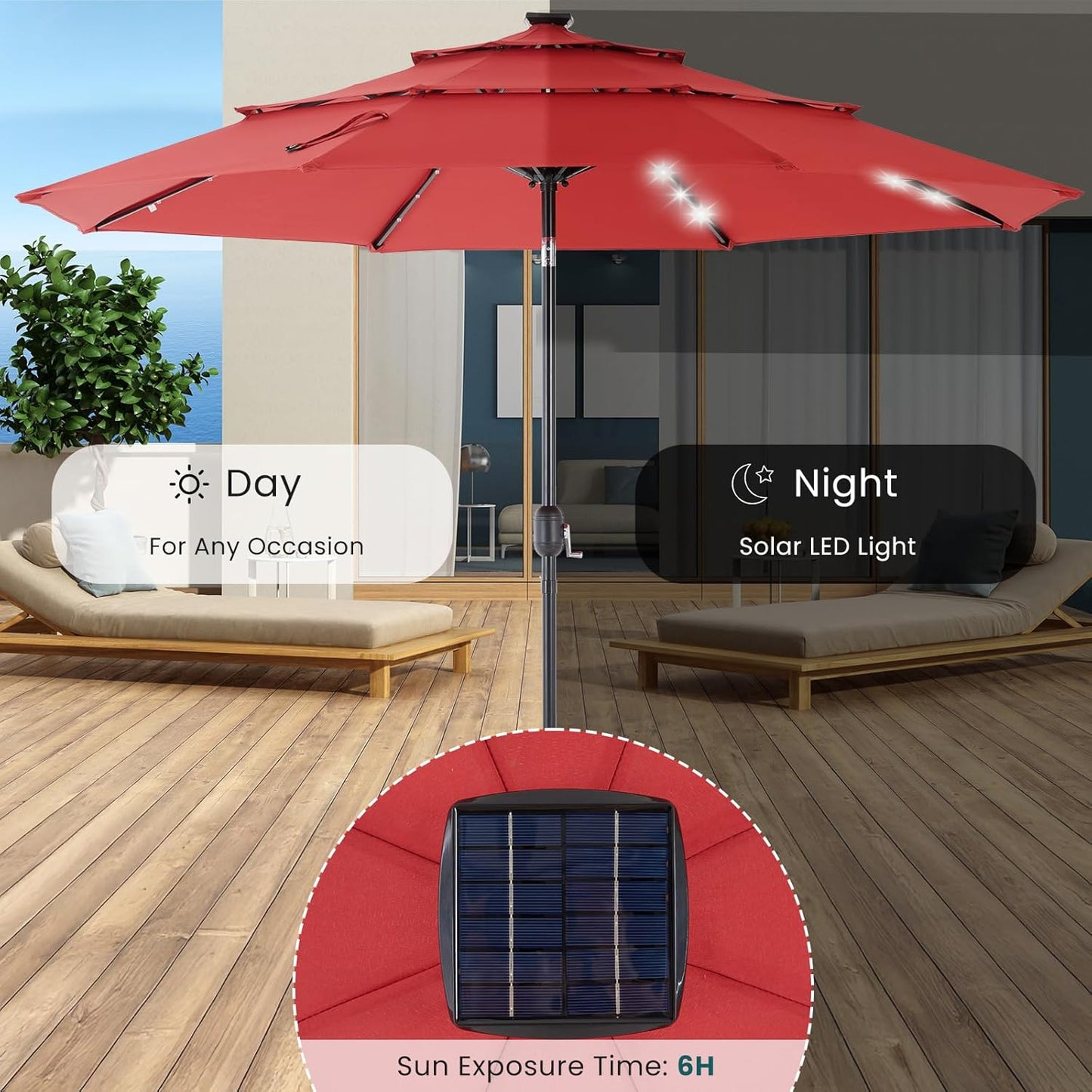 SMUG 10FT 3-Tier Solar Patio Umbrella with 32 LED Lights, Outdoor Umbrellas with Push Button Tilt and Crank, Tilting Table Umbrella with 8 Sturdy Ribs for Market, Beach, Pool, Garden, Deck, Backyard, Terrace, Restaurant, UV Protection, Red