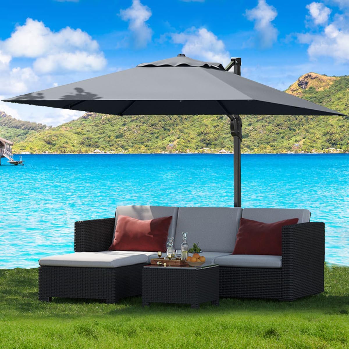 10' x 10' Heavy Duty Cantilever Patio Umbrella with Solar LED Lights & Weighted Base, 2-Tier Square Aluminum Offset Outdoor Umbrella with 360-Degree Rotation for Backyard, Deck, Pool, Tan