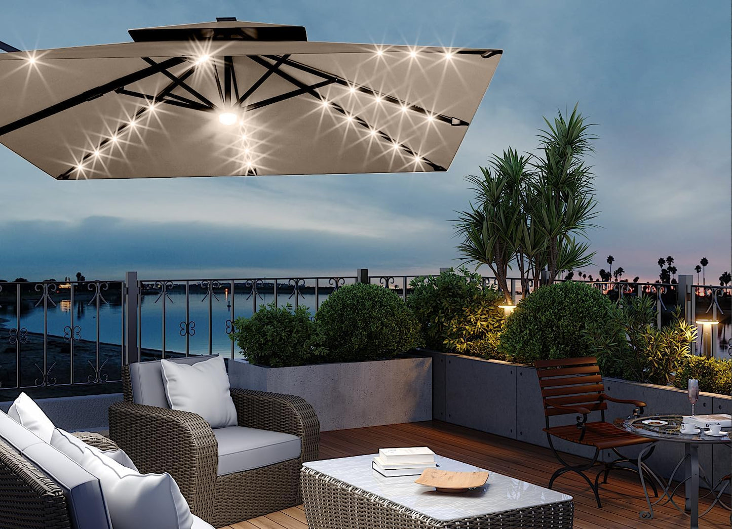 10' x 10' Heavy Duty Cantilever Patio Umbrella with Solar LED Lights & Weighted Base, 2-Tier Square Aluminum Offset Outdoor Umbrella with 360-Degree Rotation for Backyard, Deck, Pool, Tan