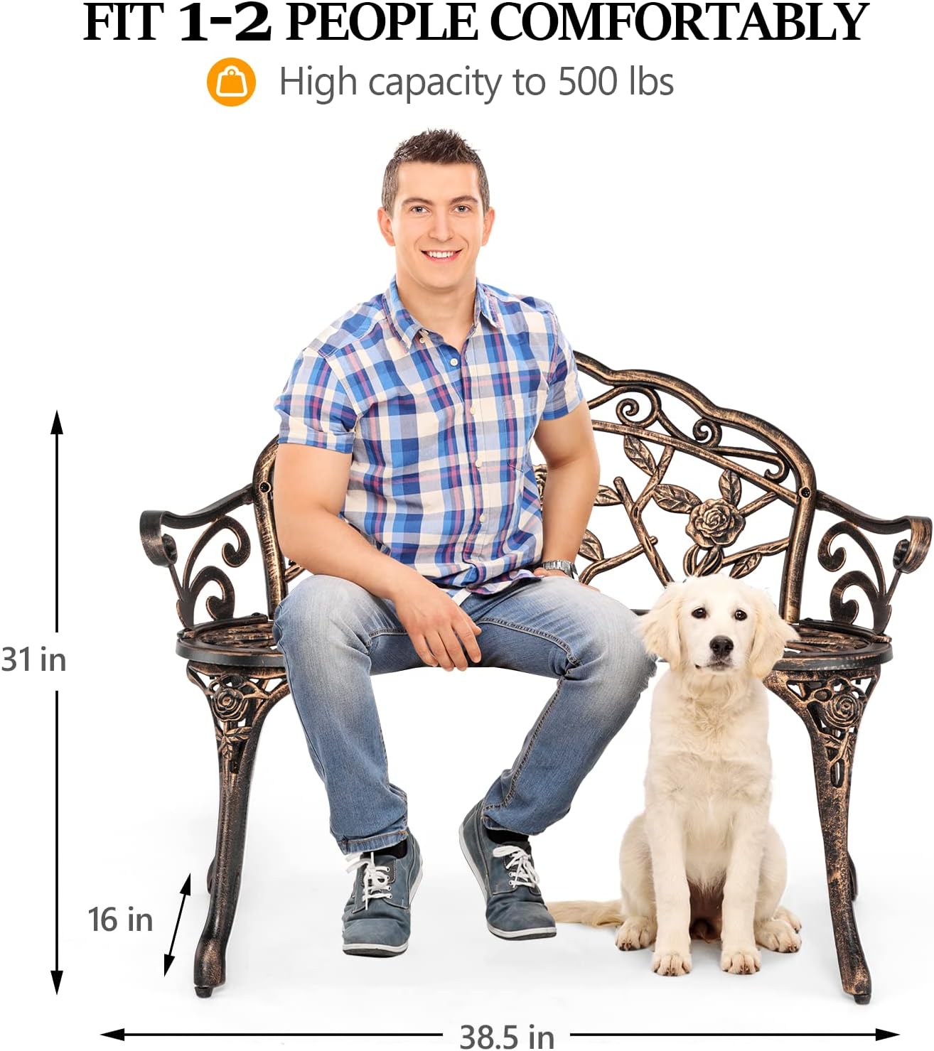 VINGLI 38.5" Patio Park Garden Outdoor Metal Rose Bench,Cast Iron Cast Aluminium Frame Antique Finish Chair,Accented Lawn Front Porch Path Yard Decor Deck Furniture for 2 Person Seat(Bronze