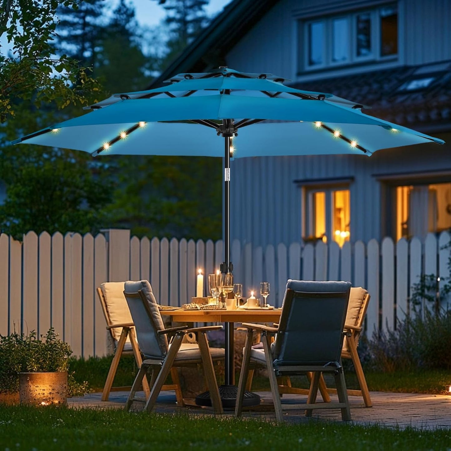 wikiwiki 9FT 3Tiers Solar Led Patio Umbrella, Sturdy Outdoor Market Umbrella for Deck, Pool, Garden w/Tilt, Crank, 32 LED Lights, Beige
