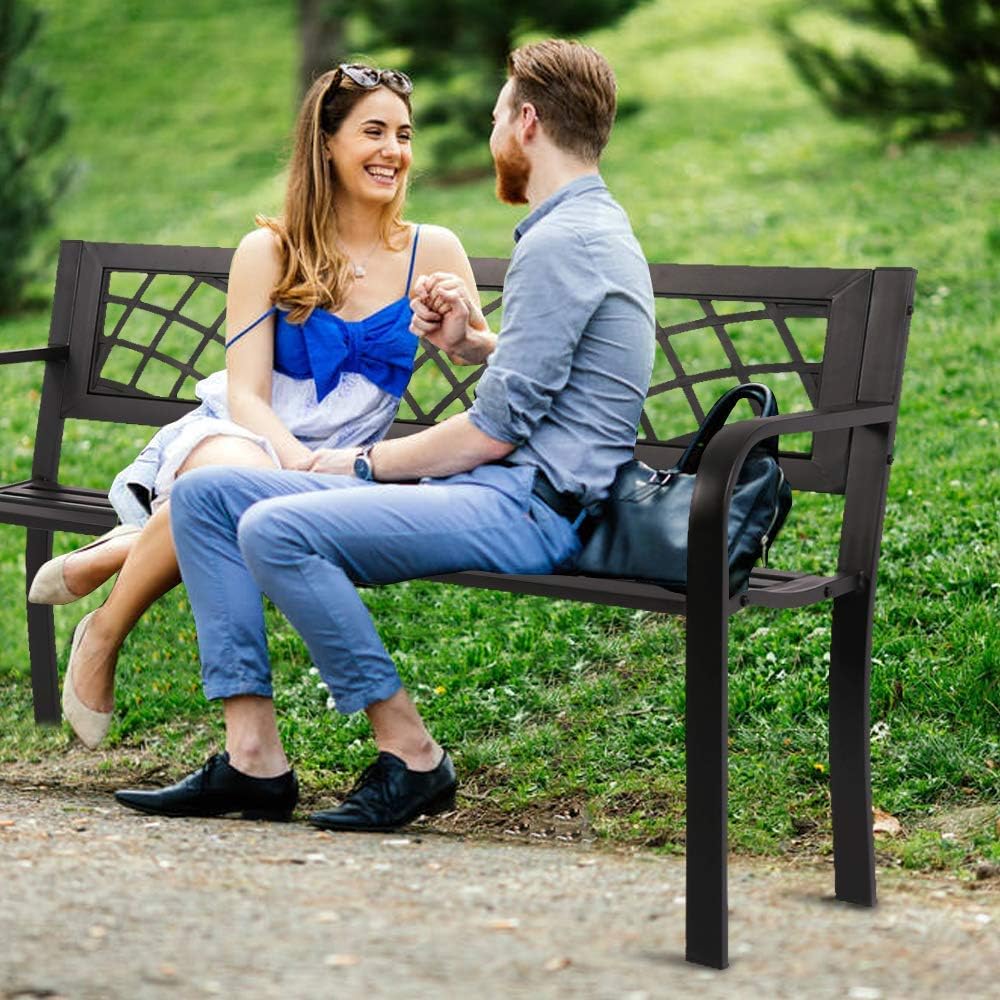 Patio Park Garden Bench Outdoor Metal Benches,400 lbs Cast Iron Steel Frame Chair w/PVC Mesh Pattern - for Park Yard Front Porch Path Yard Lawn Decor Deck Furniture,Black