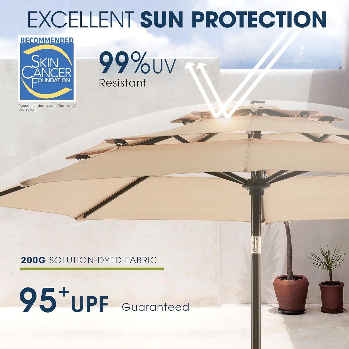 wikiwiki 9FT 3Tiers Solar Led Patio Umbrella, Sturdy Outdoor Market Umbrella for Deck, Pool, Garden w/Tilt, Crank, 32 LED Lights, Beige