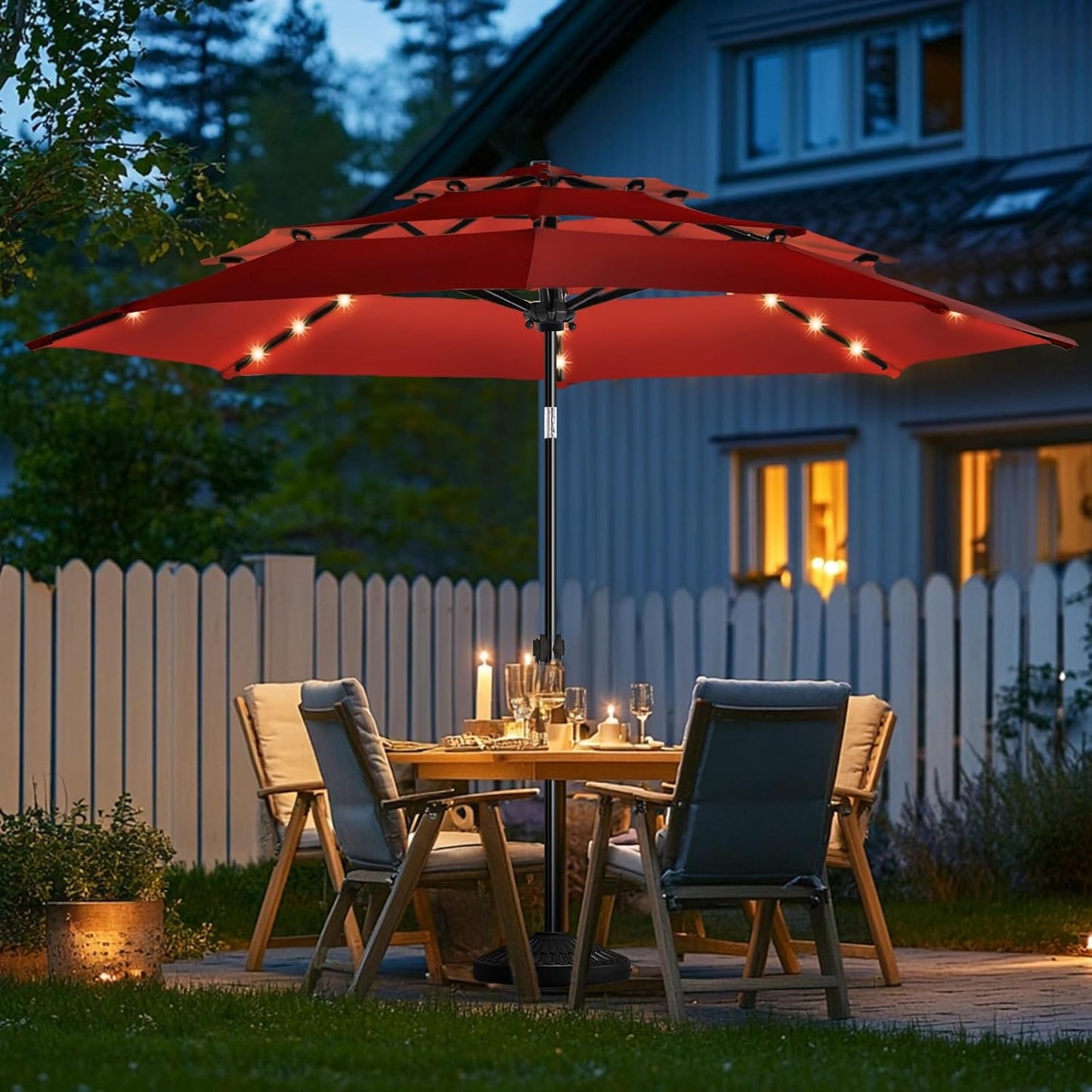 wikiwiki 9FT 3Tiers Solar Led Patio Umbrella, Sturdy Outdoor Market Umbrella for Deck, Pool, Garden w/Tilt, Crank, 32 LED Lights, Beige