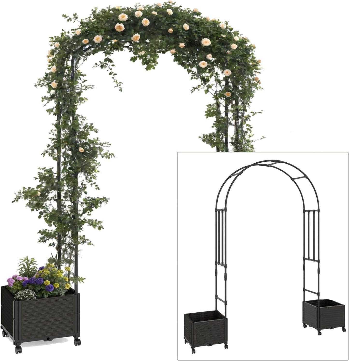 Garden Arch Trellis with Planter Box-Iron Garden Arch for Climbing Plants with Detachable Side Planters, Metal Walkway Arbor Trellis for Outdoor Roses,Yard and Patio Wedding,94.5" h x 47.2" w