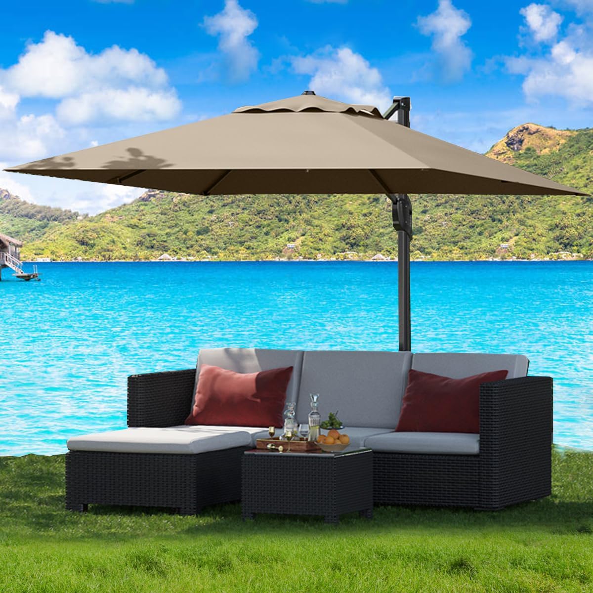 10' x 10' Heavy Duty Cantilever Patio Umbrella with Solar LED Lights & Weighted Base, 2-Tier Square Aluminum Offset Outdoor Umbrella with 360-Degree Rotation for Backyard, Deck, Pool, Tan