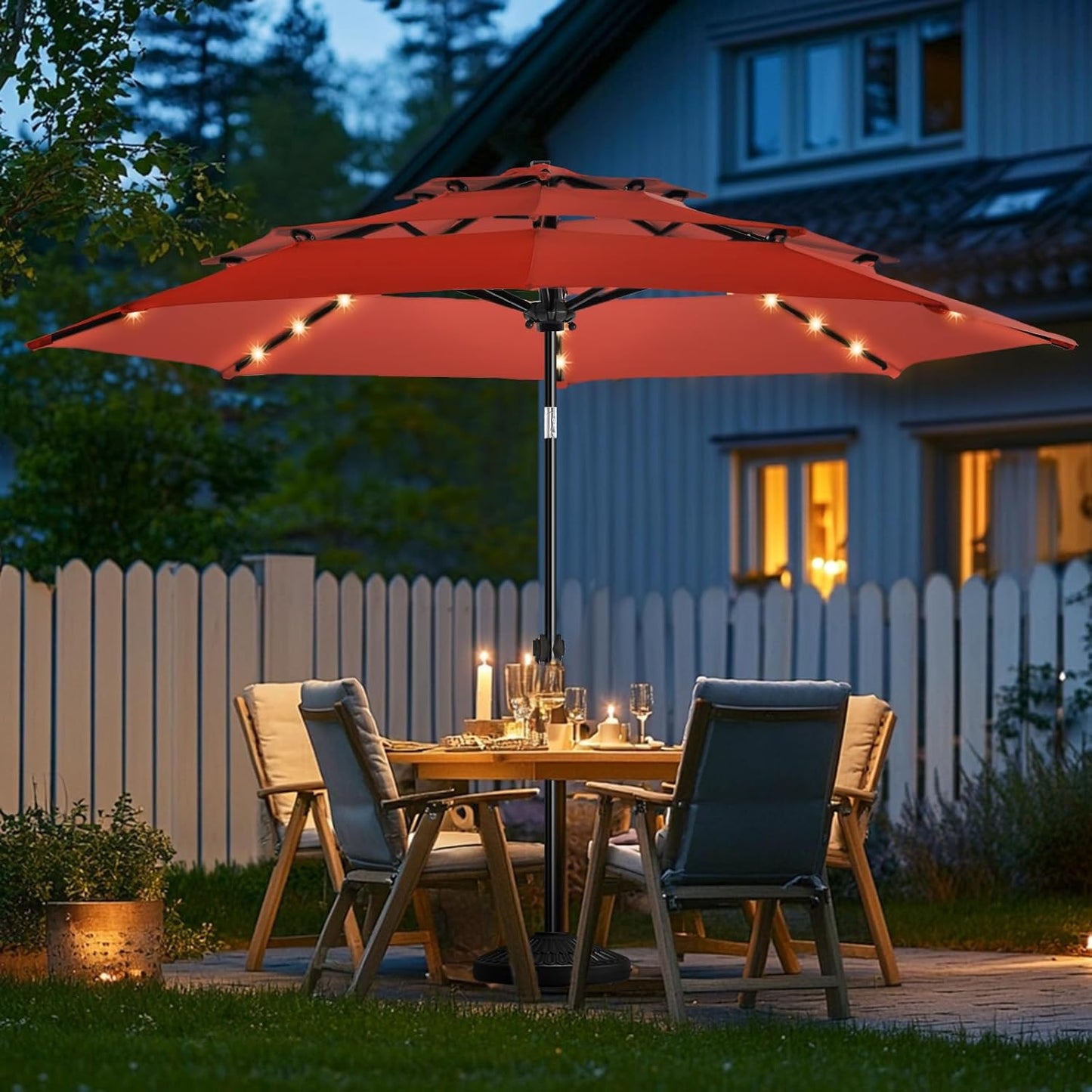 wikiwiki 9FT 3Tiers Solar Led Patio Umbrella, Sturdy Outdoor Market Umbrella for Deck, Pool, Garden w/Tilt, Crank, 32 LED Lights, Beige
