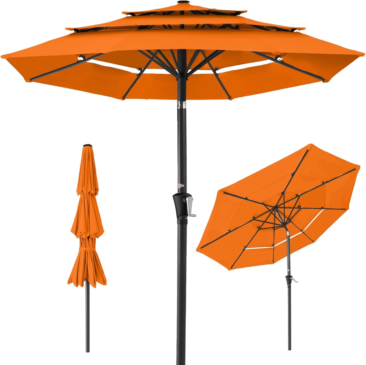 Best Choice Products 10ft 3-Tier Solar Patio Umbrella, Outdoor Market Sun Shade for Backyard, Deck, Poolside w/ 24 LED Lights, Tilt Adjustment, Easy Crank, 8 Ribs - Gray
