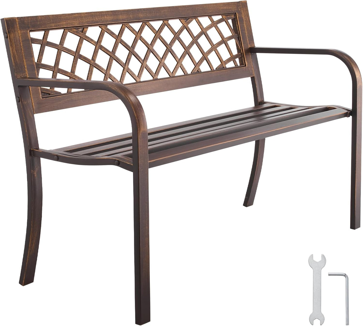 VEVOR Outdoor Bench, 46" Iron Steel Frame Garden Park Bench with Mesh Pattern and Plastic Backrest Armrests, Patio Bench for Garden, Park, Yard, Front Porch