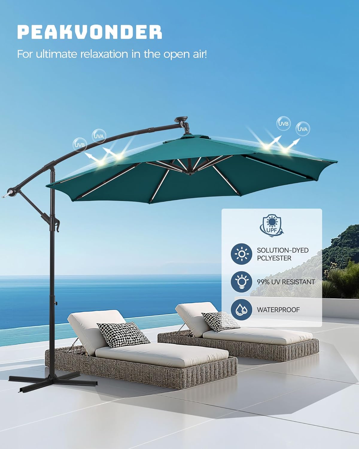 10 ft Offset Patio Umbrella with Stands Included, Large Cantilever Umbrella Outdoor Patio with Solar Lights, Dual Charging, 8+ Light Modes, Heavy Duty, for Pool, Deck, Market, Teal Blue