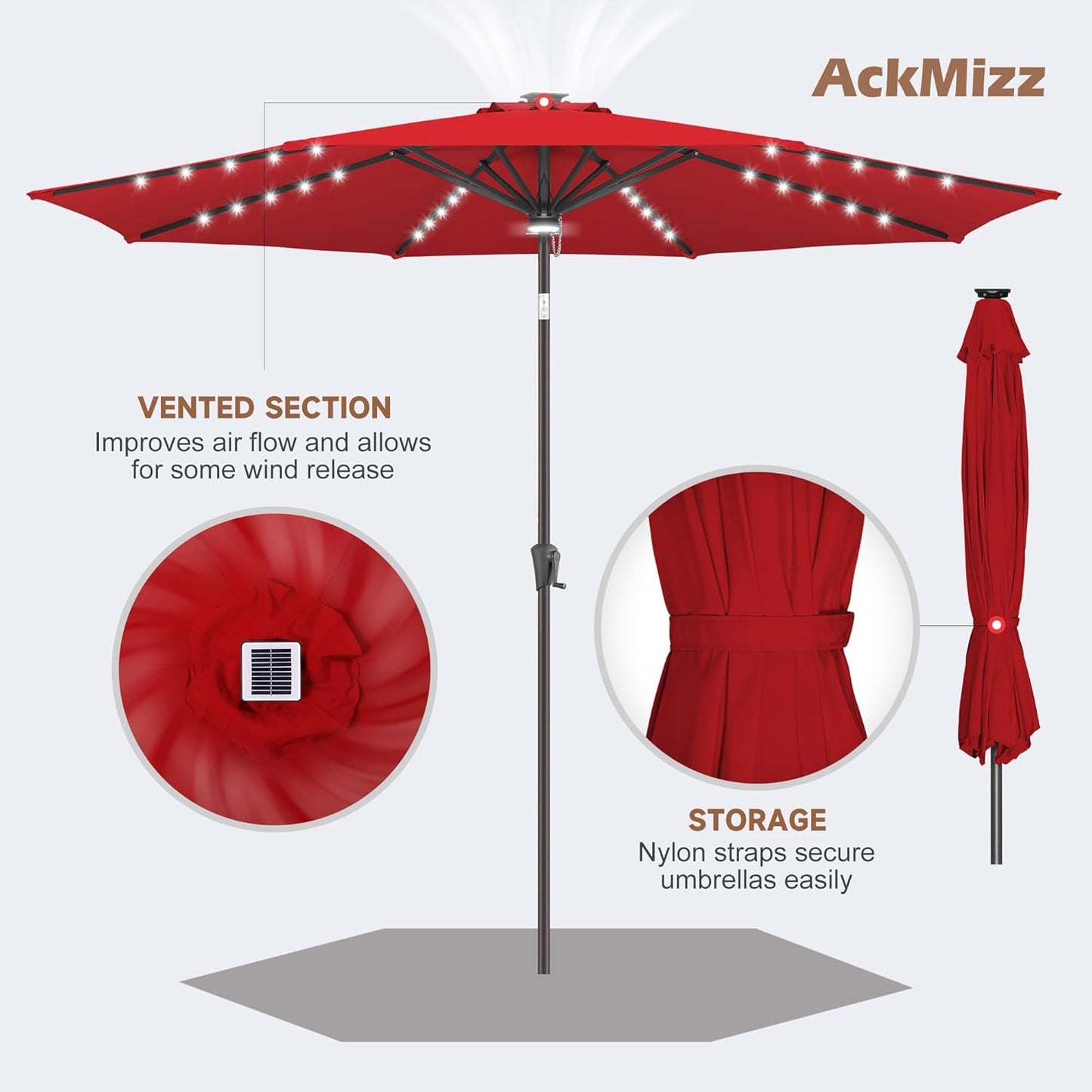 9ft Solar Umbrella Outdoor - Lighted Patio Umbrella with 40 LED Lights Waterprool Uv Protection, Table Umbrella with Tilt & Crank for Pool, Porch, Garden, Deck, Backyard(Red)