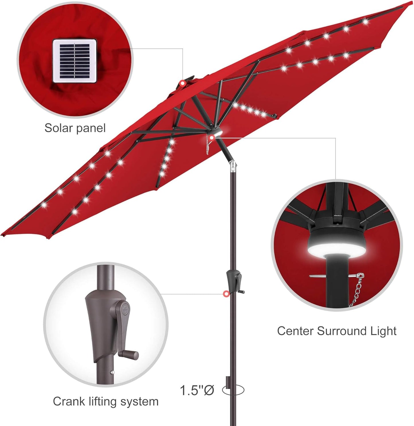 9ft Solar Umbrella Outdoor - Lighted Patio Umbrella with 40 LED Lights Waterprool Uv Protection, Table Umbrella with Tilt & Crank for Pool, Porch, Garden, Deck, Backyard(Red)