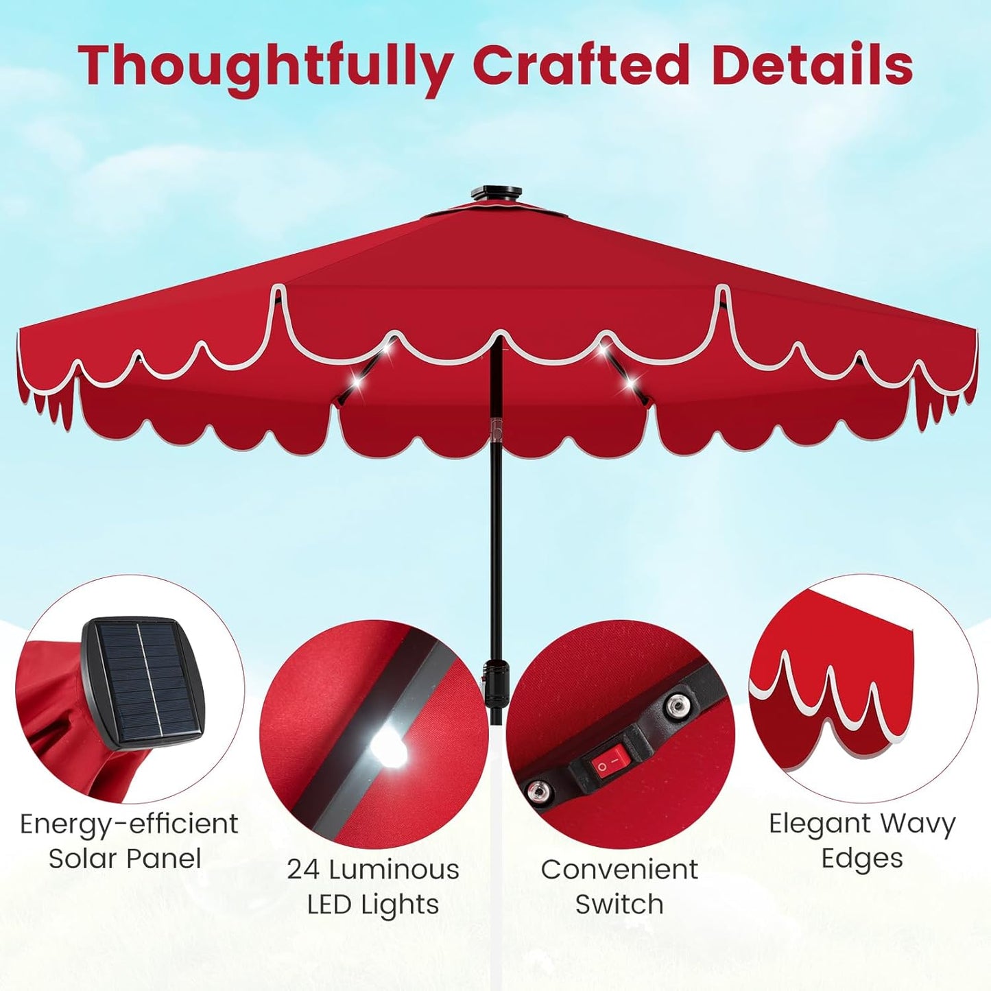 HAPPYGRILL 9 FT Patio Umbrella Outdoor Market Sunshade w/Solar LED Lights, Ruffles, Vented Top, Tilt Adjustment & Built-in Crank, Parasol Canopy for Backyard Poolside Deck Beach Lawn