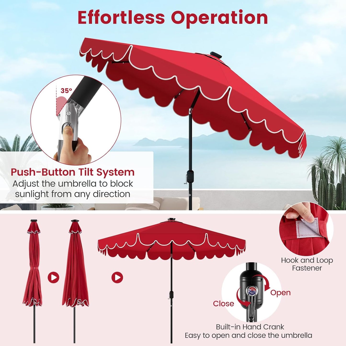 HAPPYGRILL 9 FT Patio Umbrella Outdoor Market Sunshade w/Solar LED Lights, Ruffles, Vented Top, Tilt Adjustment & Built-in Crank, Parasol Canopy for Backyard Poolside Deck Beach Lawn