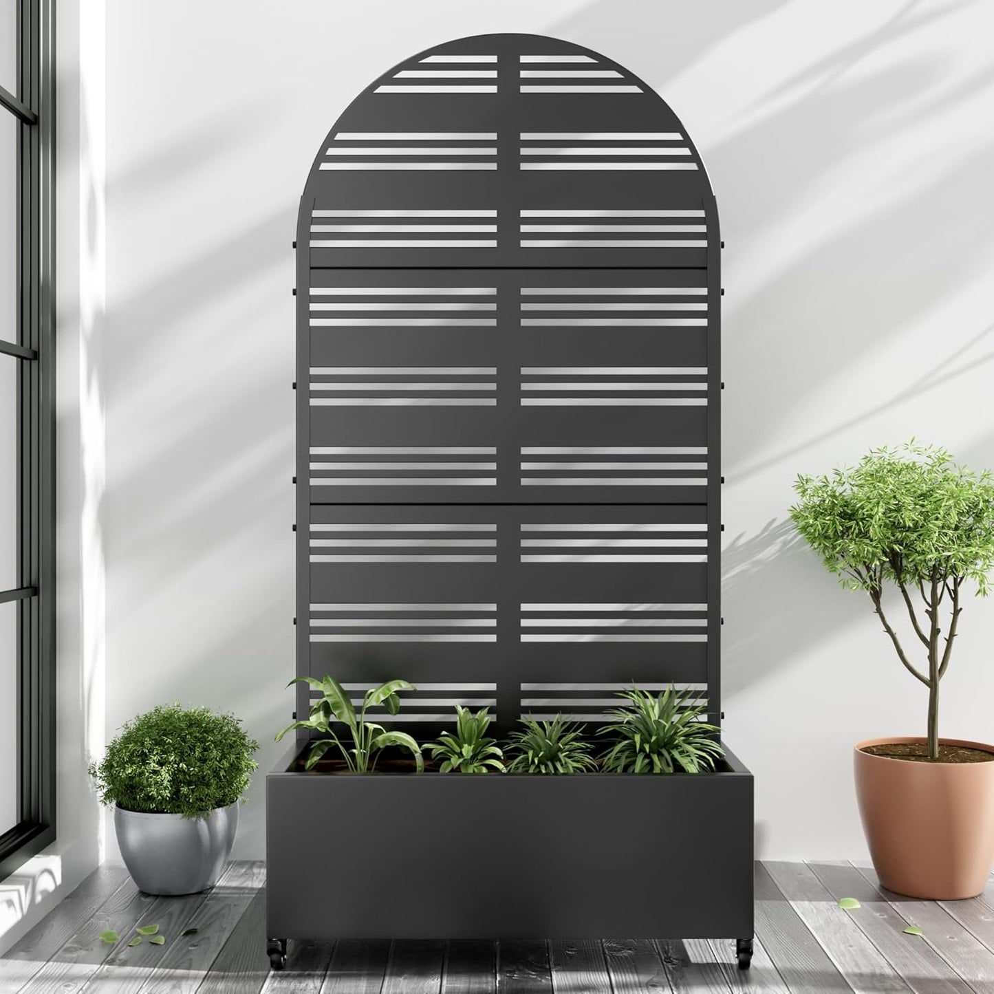 Casaphoria Metal Raised Garden Bed with Trellis and Wheels, 72"x47"x16" Arched Planter Box for Climbing Plants, Vegetables & Vines, Features Drainage Holes and Privacy Screen (Black-Fence)