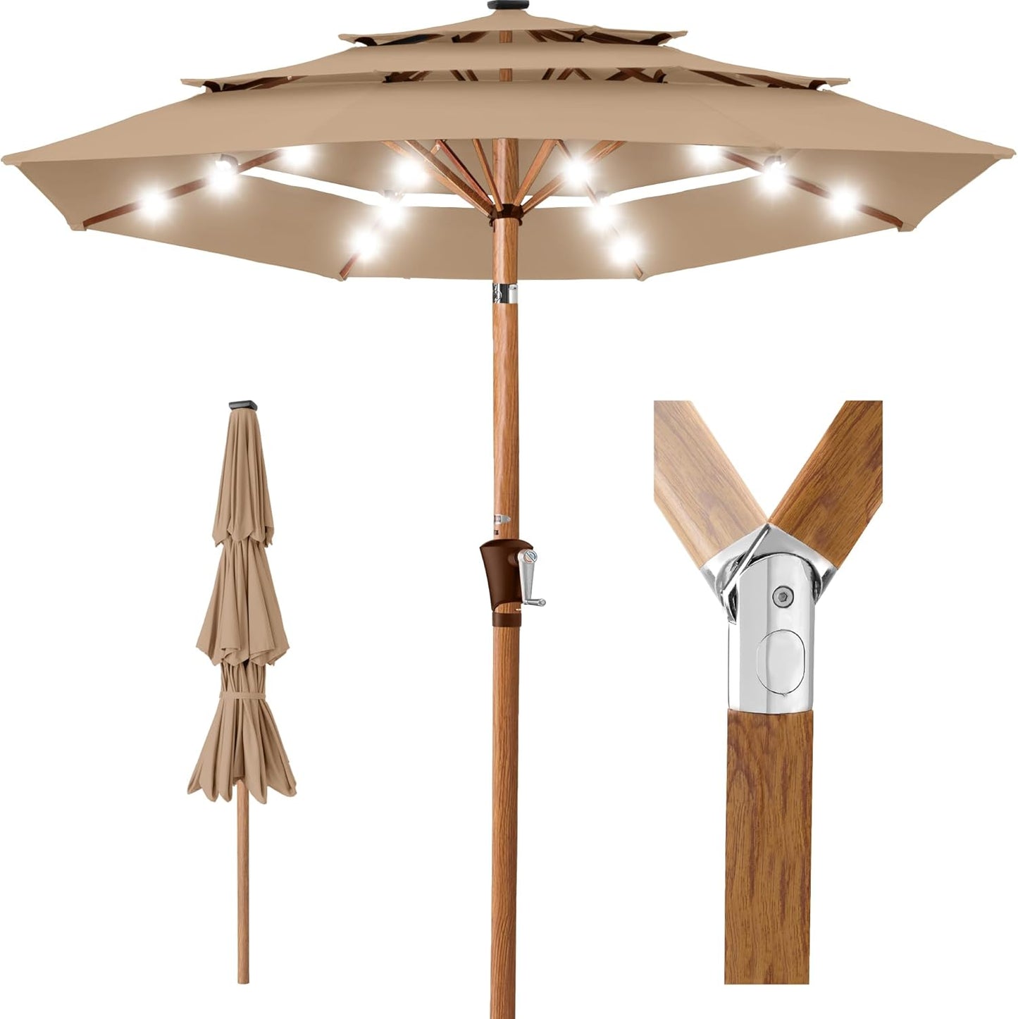 Best Choice Products 10ft 3-Tier Solar Patio Umbrella, Outdoor Market Sun Shade for Backyard, Deck, Poolside w/ 24 LED Lights, Tilt Adjustment, Easy Crank, 8 Ribs - Gray