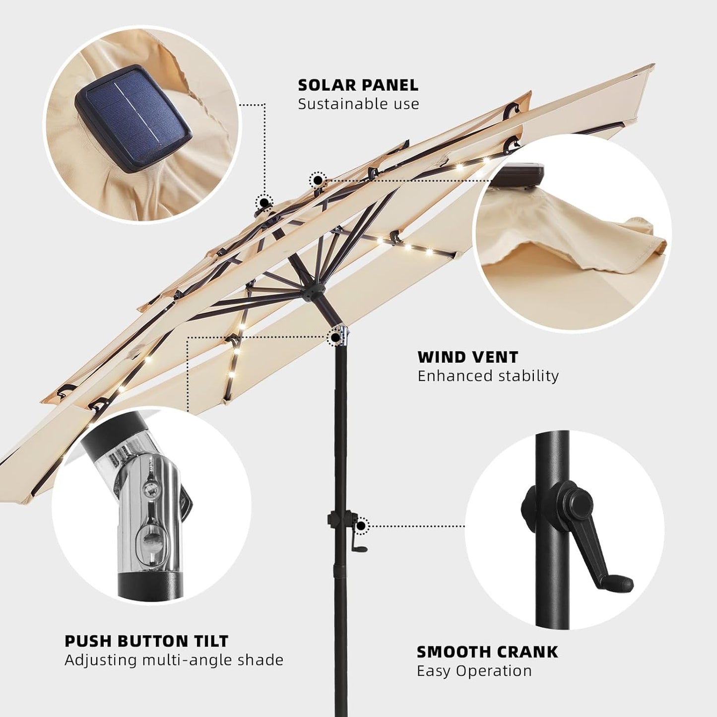wikiwiki 10FT 3Tiers Solar LED Patio Umbrella with Base, Sturdy Outdoor Market Umbrella with Tilt, Crank and 32 LEDs for Terraces, Pool and Garden, Beige