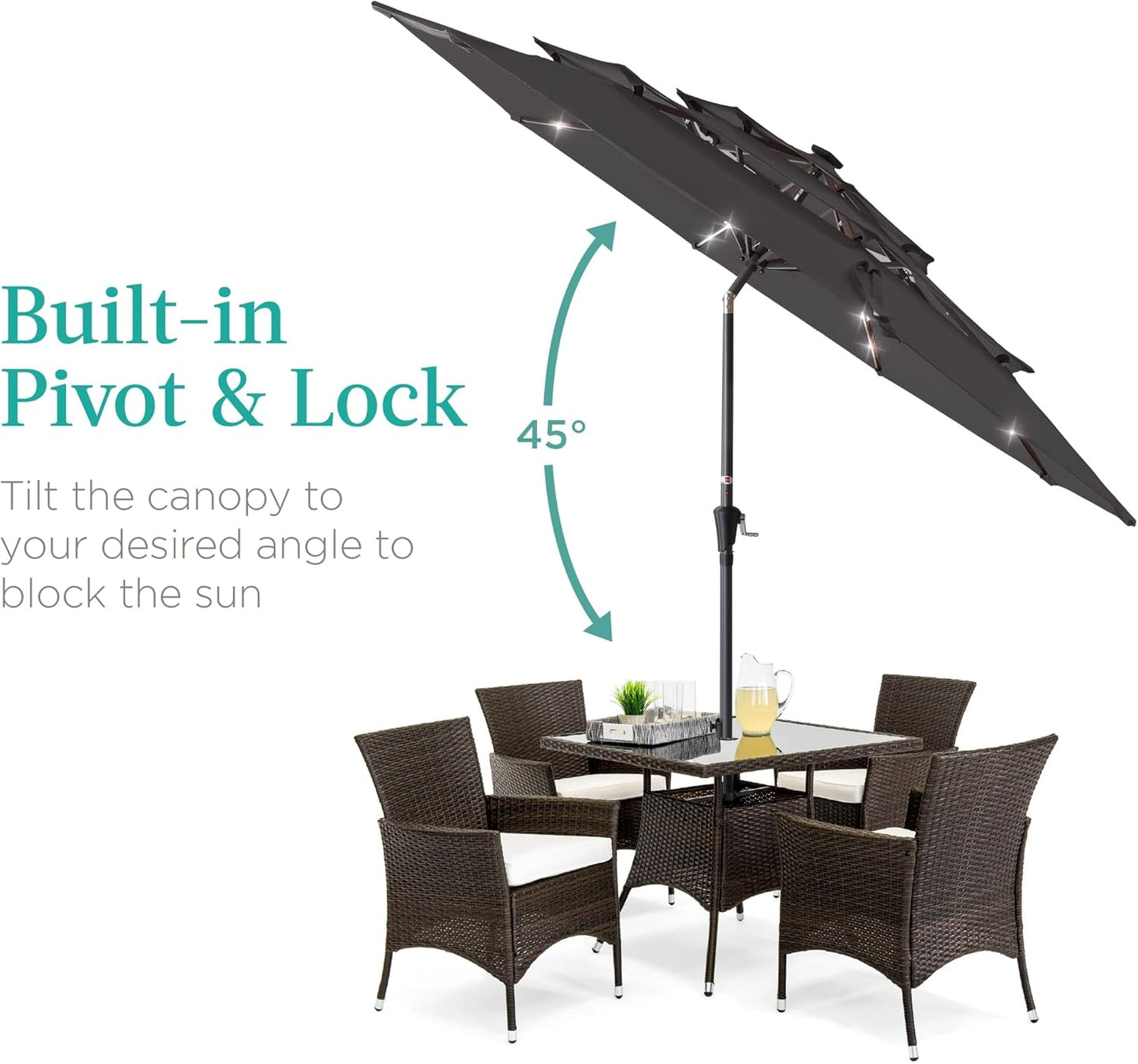 Best Choice Products 10ft 3-Tier Solar Patio Umbrella, Outdoor Market Sun Shade for Backyard, Deck, Poolside w/ 24 LED Lights, Tilt Adjustment, Easy Crank, 8 Ribs - Gray