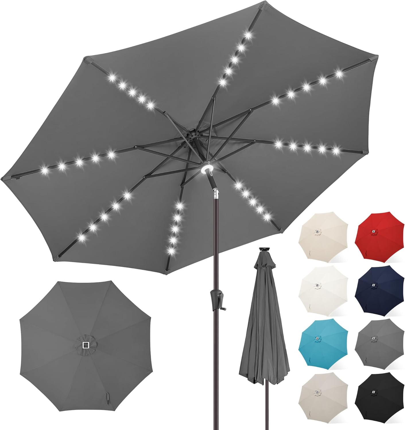 FLAME&SHADE 9 ft Patio Umbrella with Solar Lights, 40 LED Lighted Table Outdoor Umbrella for Deck, Pool, Porch, Backyard, Market, Garden, 8 Sturdy Ribs, UV Protection, Taupe