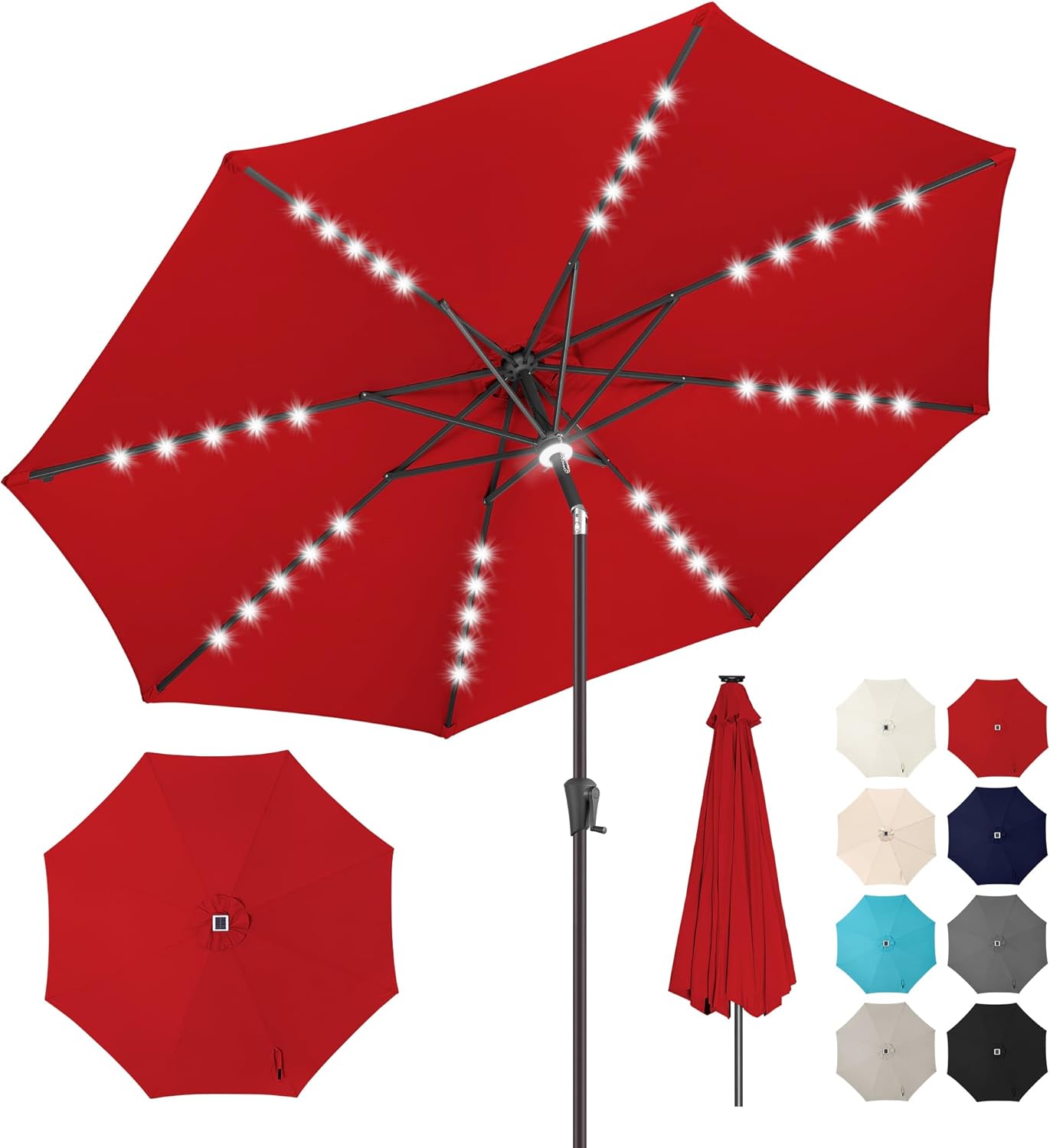 9ft Solar Umbrella Outdoor - Lighted Patio Umbrella with 40 LED Lights Waterprool Uv Protection, Table Umbrella with Tilt & Crank for Pool, Porch, Garden, Deck, Backyard(Red)