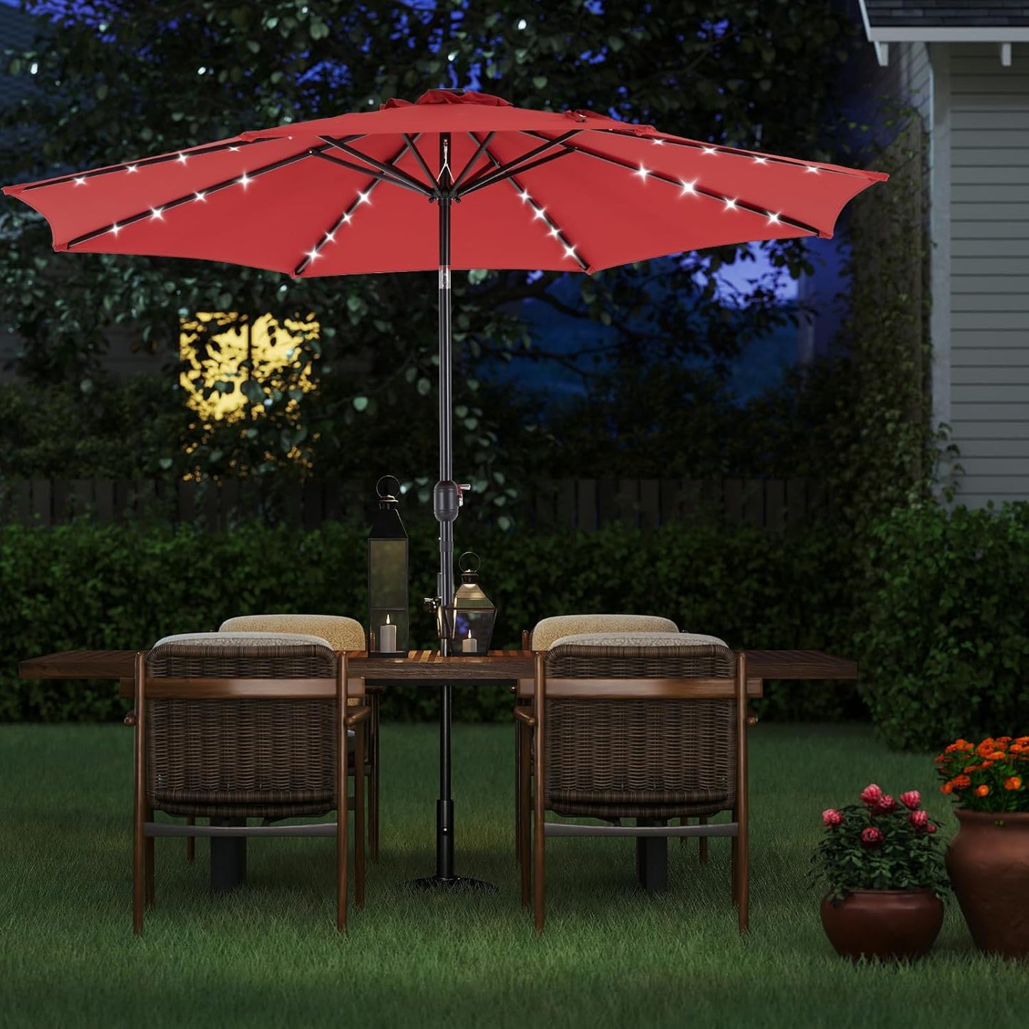 OLIXIS 10FT Solar Patio Umbrella with 32 LED Lights, Tilt and Crank Button, 8 Sturdy Ribs Waterproof, Patio Umbrellas Sun Shade for Poolside, Terrace, Beach and Outdoor Restaurant, Deep Red