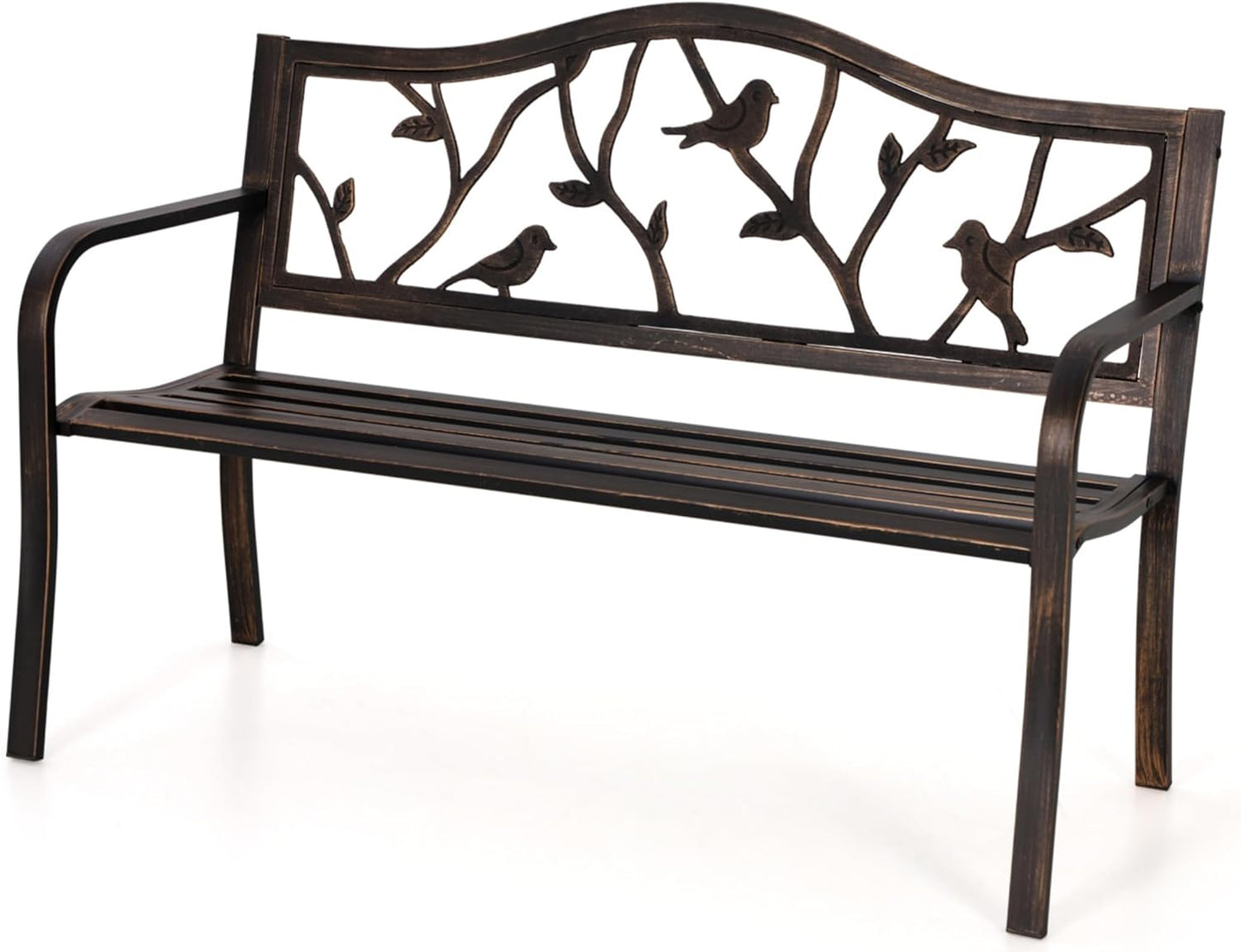 MFSTUDIO 50 Inches Outdoor Garden Bench, Cast Iron Metal Frame Patio Park Bench with Floral Pattern Backrest, Arch Legs for Porch Lawn Garden Yard(Black)