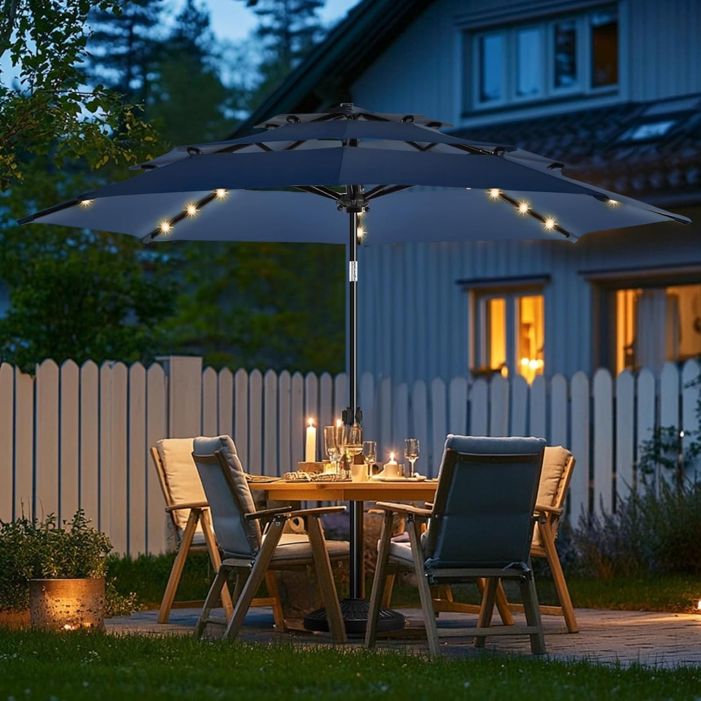 wikiwiki 9FT 3Tiers Solar Led Patio Umbrella, Sturdy Outdoor Market Umbrella for Deck, Pool, Garden w/Tilt, Crank, 32 LED Lights, Beige
