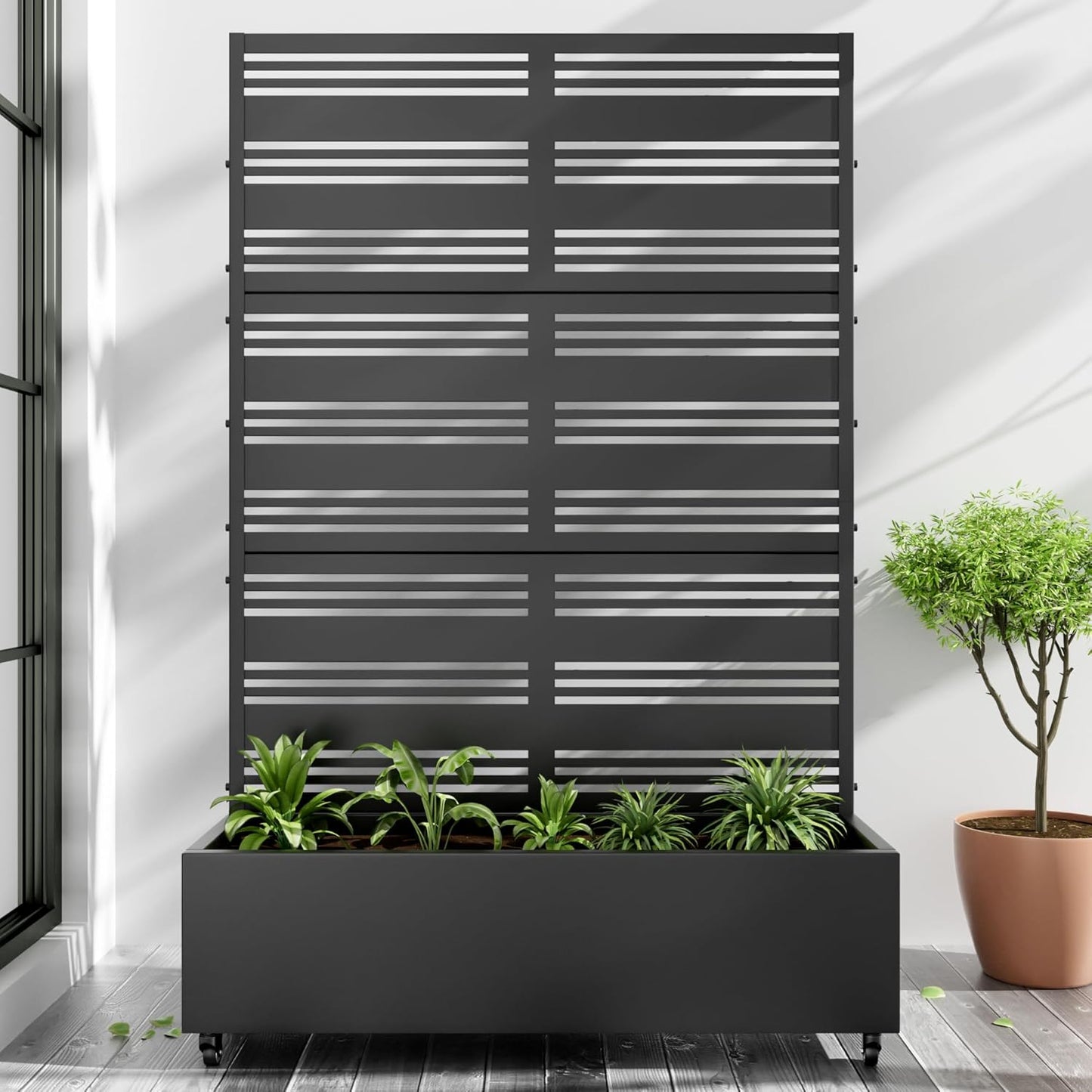 Casaphoria Metal Raised Garden Bed with Trellis and Wheels, 72"x47"x16" Arched Planter Box for Climbing Plants, Vegetables & Vines, Features Drainage Holes and Privacy Screen (Black-Fence)