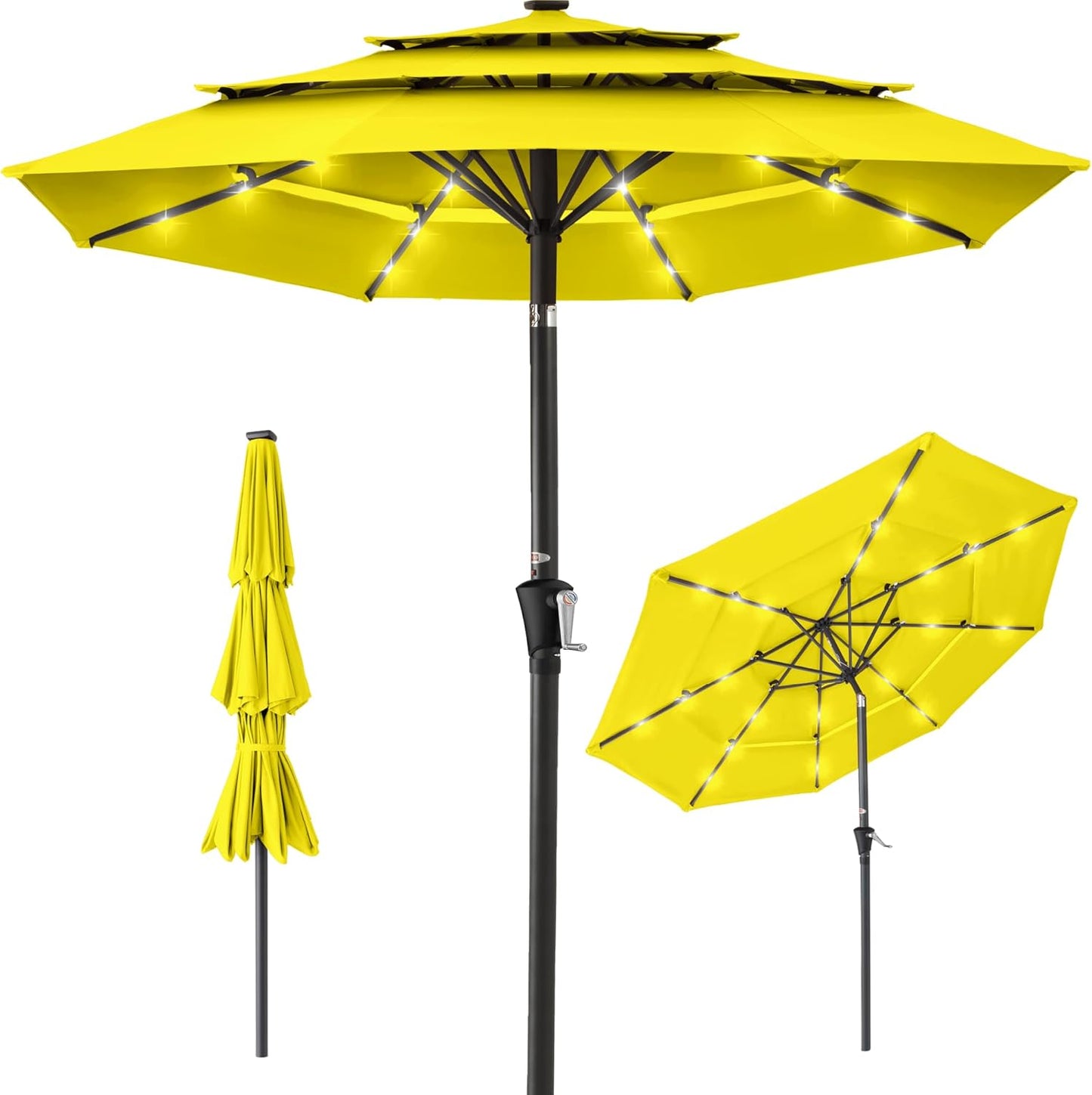 Best Choice Products 10ft 3-Tier Solar Patio Umbrella, Outdoor Market Sun Shade for Backyard, Deck, Poolside w/ 24 LED Lights, Tilt Adjustment, Easy Crank, 8 Ribs - Gray