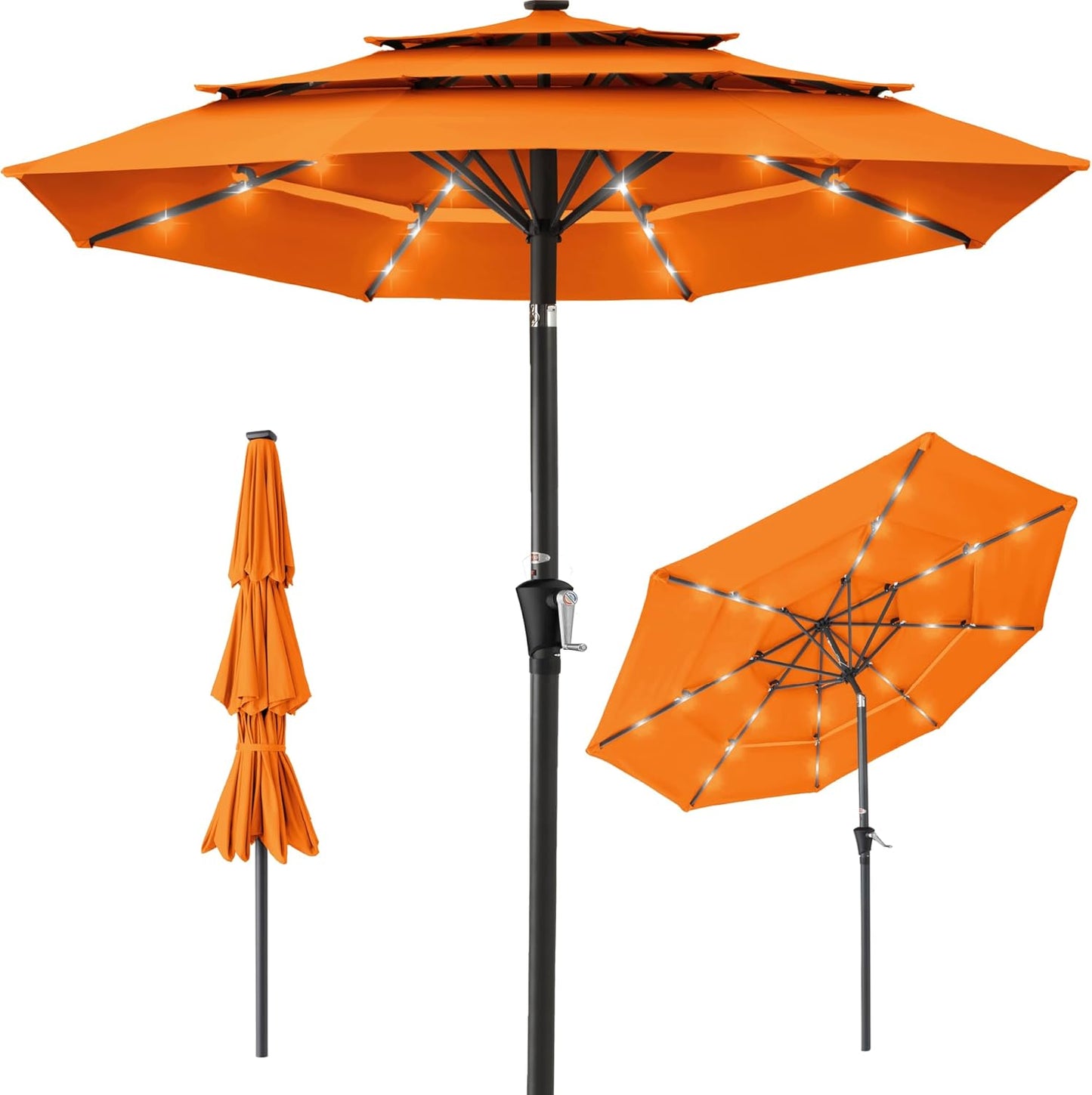 Best Choice Products 10ft 3-Tier Solar Patio Umbrella, Outdoor Market Sun Shade for Backyard, Deck, Poolside w/ 24 LED Lights, Tilt Adjustment, Easy Crank, 8 Ribs - Gray