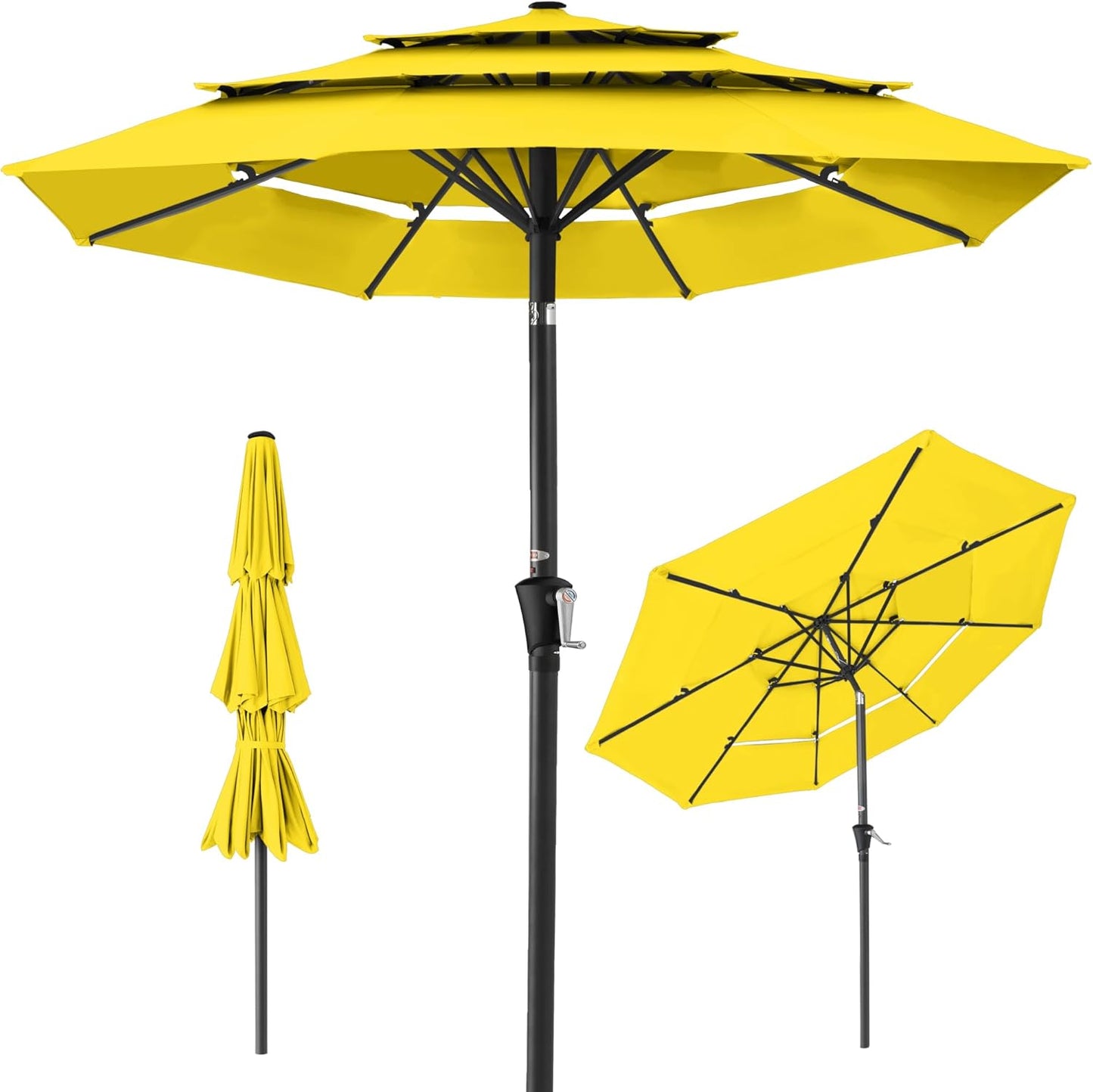 Best Choice Products 10ft 3-Tier Solar Patio Umbrella, Outdoor Market Sun Shade for Backyard, Deck, Poolside w/ 24 LED Lights, Tilt Adjustment, Easy Crank, 8 Ribs - Gray