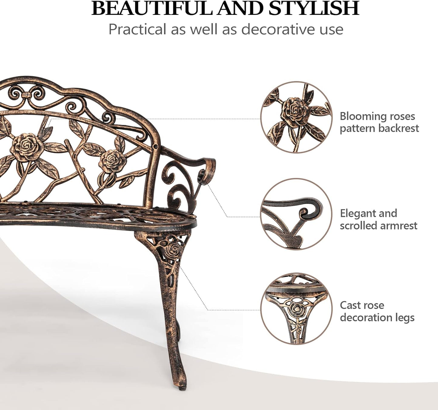 VINGLI 38.5" Patio Park Garden Outdoor Metal Rose Bench,Cast Iron Cast Aluminium Frame Antique Finish Chair,Accented Lawn Front Porch Path Yard Decor Deck Furniture for 2 Person Seat(Bronze