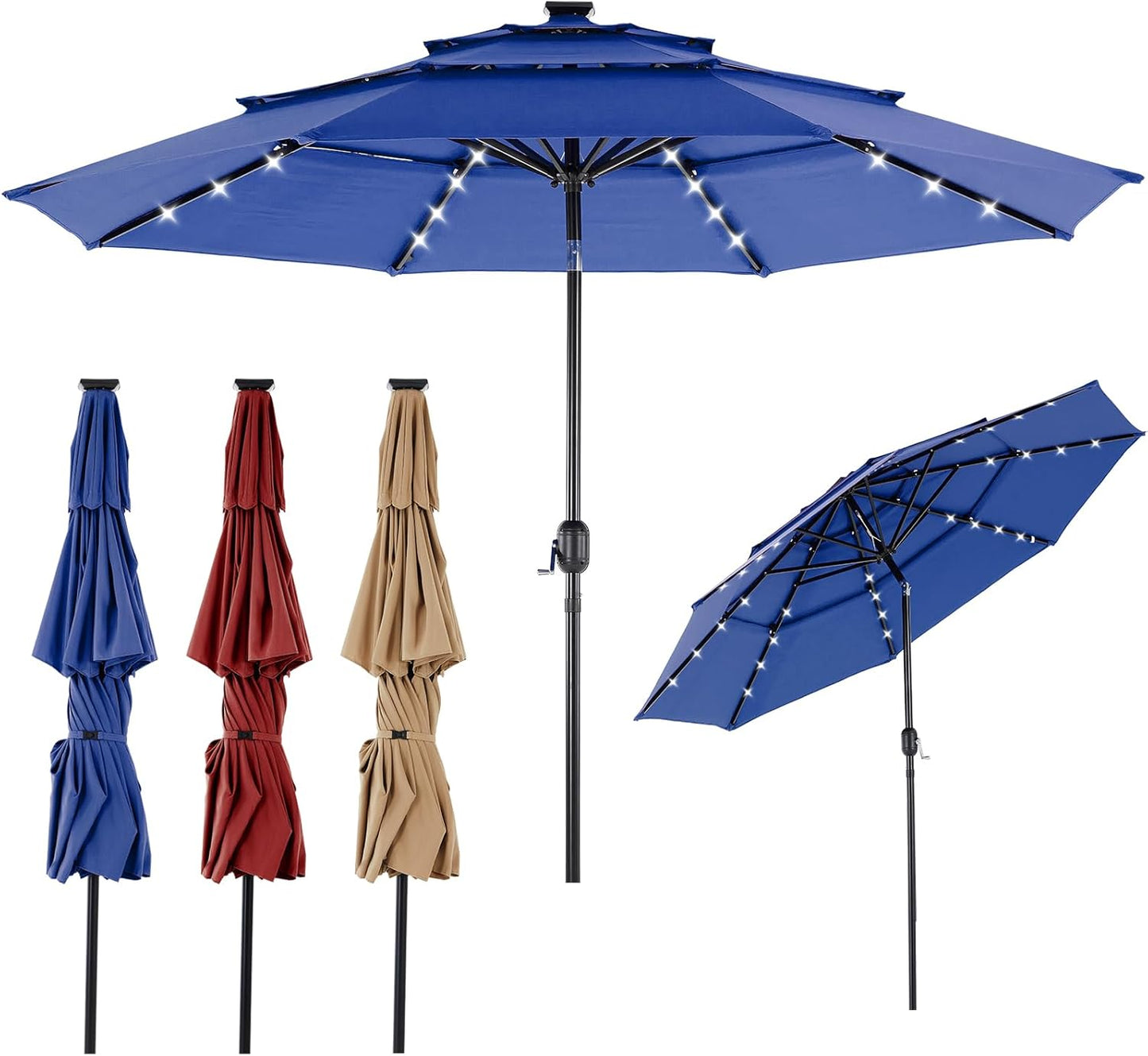 OLIXIS 10FT Solar Patio Umbrella with 32 LED Lights, Tilt, Crank Button, 8 Sturdy Ribs and Waterproof, Lighted Umbrellas for Poolside, Backyard, Terrace, Garden