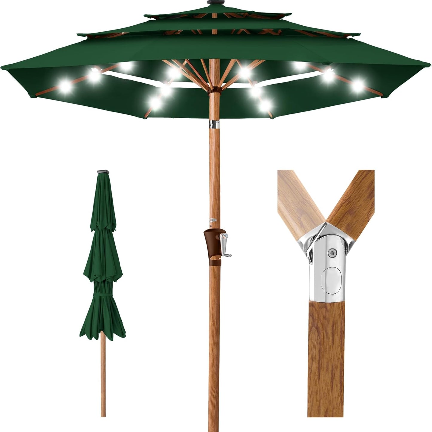 Best Choice Products 10ft 3-Tier Solar Patio Umbrella, Outdoor Market Sun Shade for Backyard, Deck, Poolside w/ 24 LED Lights, Tilt Adjustment, Easy Crank, 8 Ribs - Gray