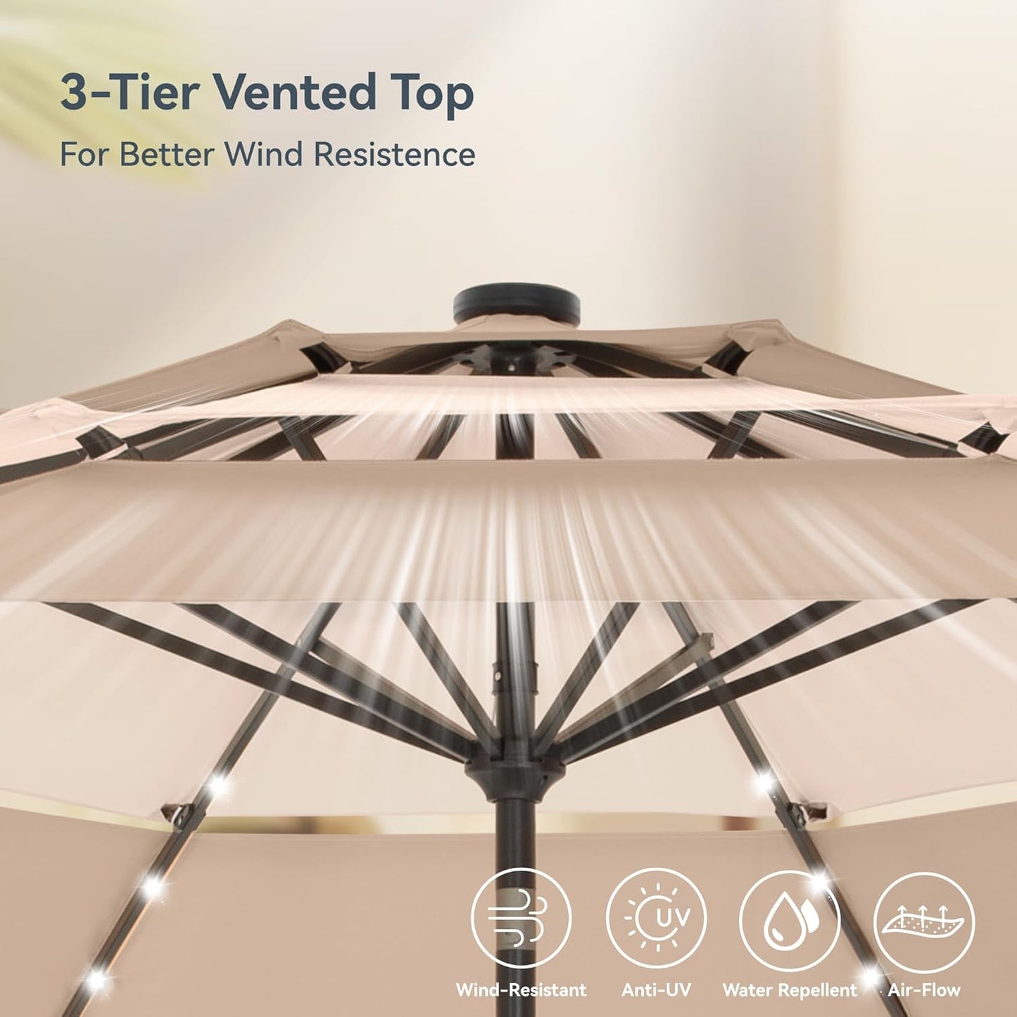 PHI VILLA 10ft Patio Umbrella with Solar Lights, Outdoor 3 Tier Vented Large Market Table Umbrella with 8 Sturdy Ribs and 1.5" Umbrellla Pole for Lawn Poolside Garden Terrace, Beige & Tan