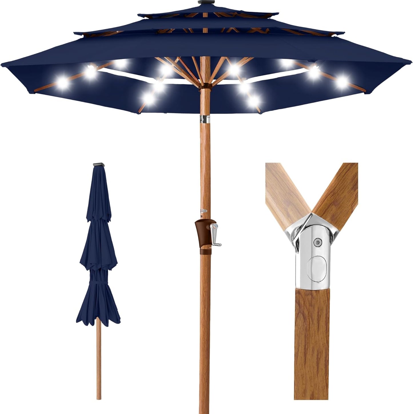Best Choice Products 10ft 3-Tier Solar Patio Umbrella, Outdoor Market Sun Shade for Backyard, Deck, Poolside w/ 24 LED Lights, Tilt Adjustment, Easy Crank, 8 Ribs - Gray