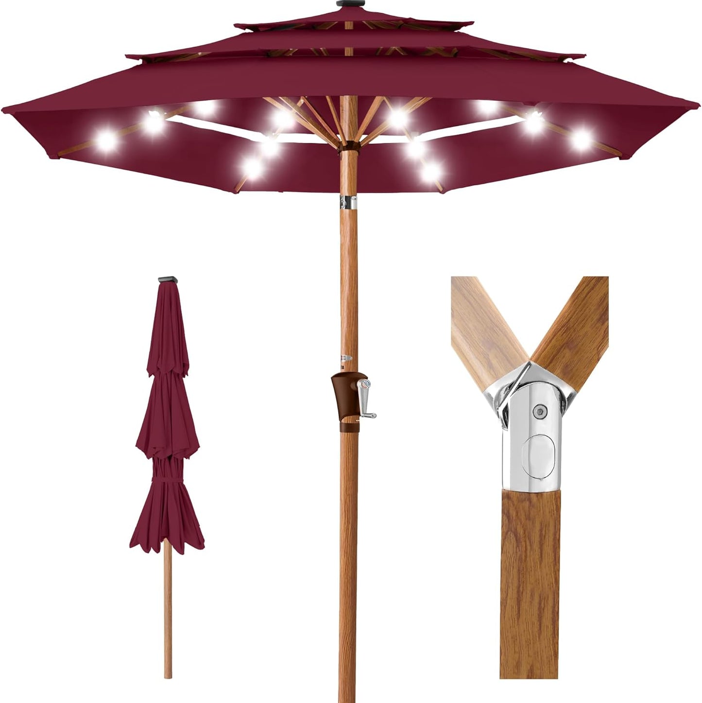 Best Choice Products 10ft 3-Tier Solar Patio Umbrella, Outdoor Market Sun Shade for Backyard, Deck, Poolside w/ 24 LED Lights, Tilt Adjustment, Easy Crank, 8 Ribs - Gray
