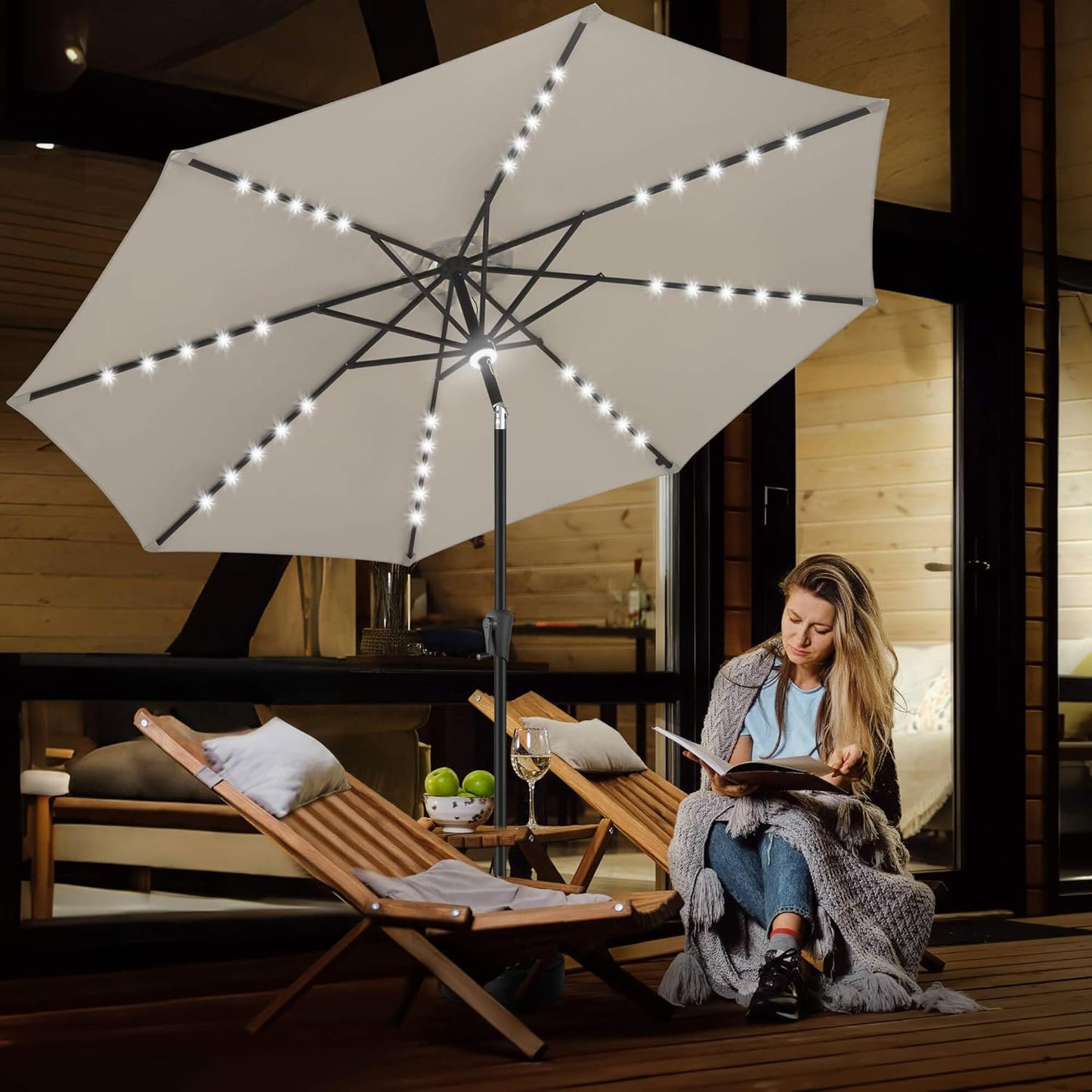 FLAME&SHADE 9 ft Patio Umbrella with Solar Lights, 40 LED Lighted Table Outdoor Umbrella for Deck, Pool, Porch, Backyard, Market, Garden, 8 Sturdy Ribs, UV Protection, Taupe