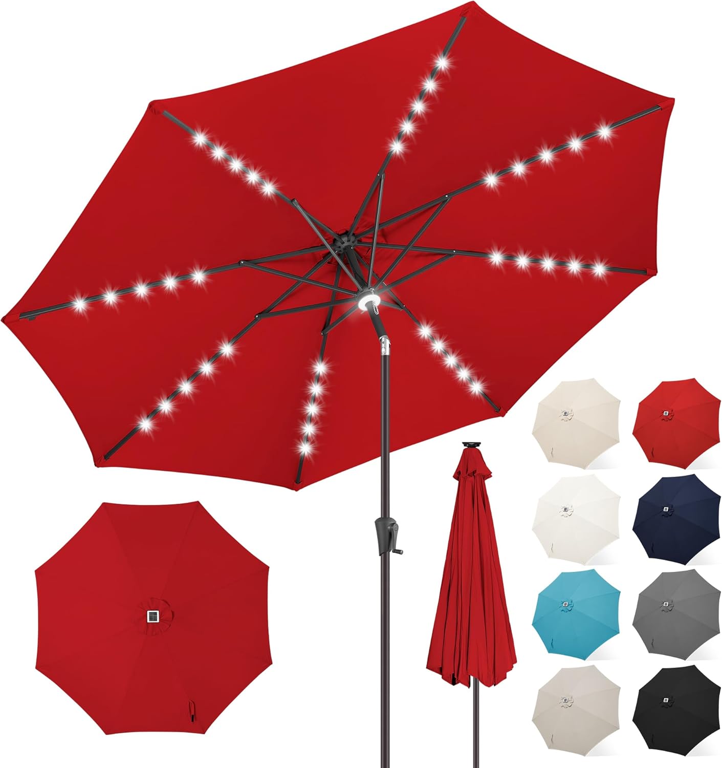 FLAME&SHADE 9 ft Patio Umbrella with Solar Lights, 40 LED Lighted Table Outdoor Umbrella for Deck, Pool, Porch, Backyard, Market, Garden, 8 Sturdy Ribs, UV Protection, Taupe