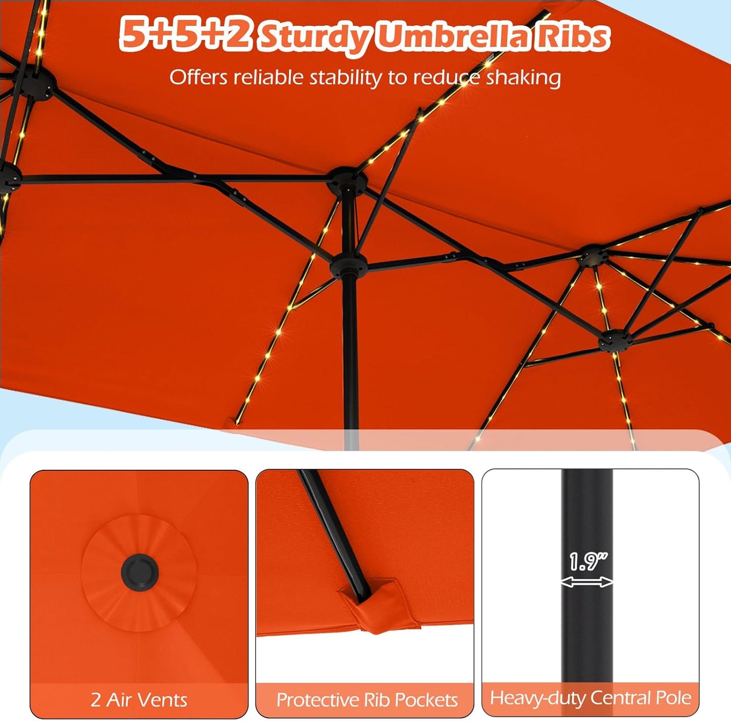 HAPPYGRILL 15.5 FT Double-sided Patio Umbrella with Solar Lights, Outdoor Twin Size Umbrella with Crank Handle & Heavy-Duty Ribs, Oversized Rectangle Umbrella for Garden Deck Poolside