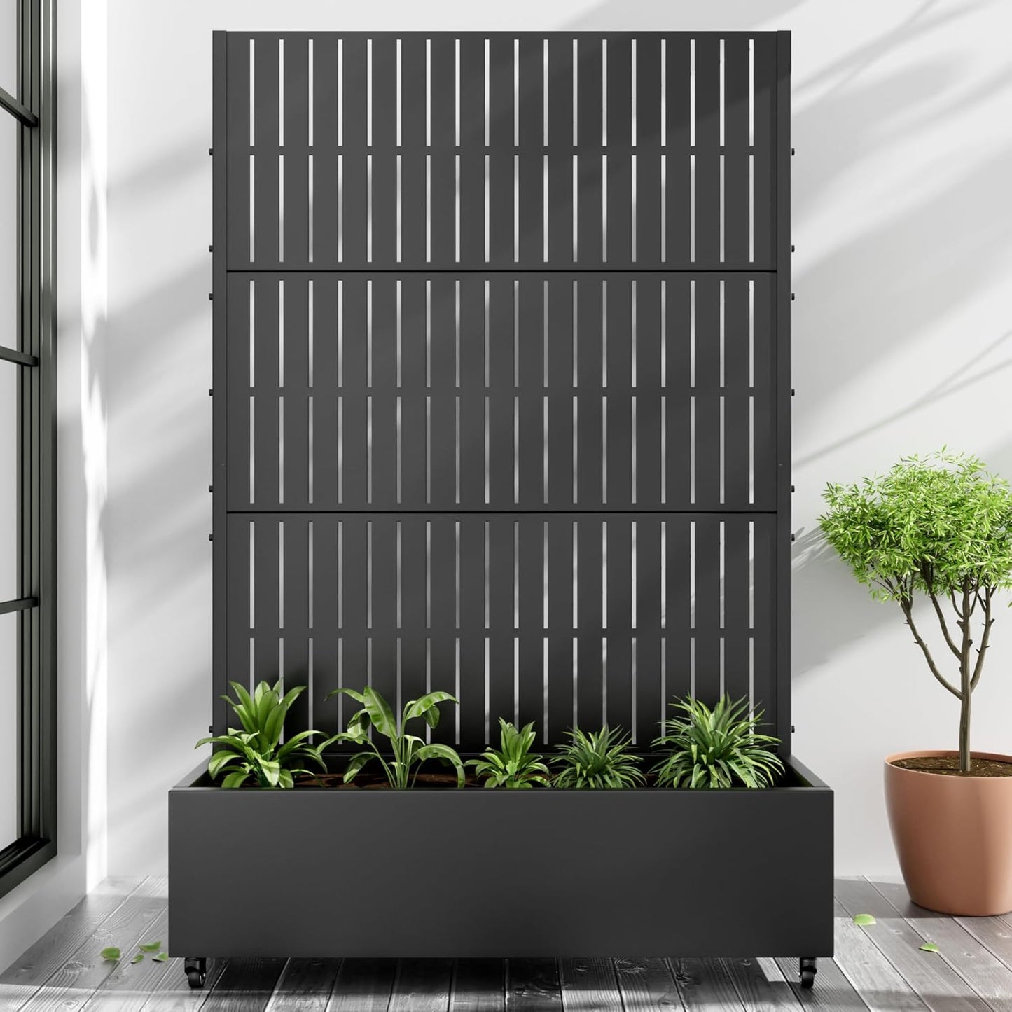 Casaphoria Metal Raised Garden Bed with Trellis and Wheels, 72"x47"x16" Arched Planter Box for Climbing Plants, Vegetables & Vines, Features Drainage Holes and Privacy Screen (Black-Fence)