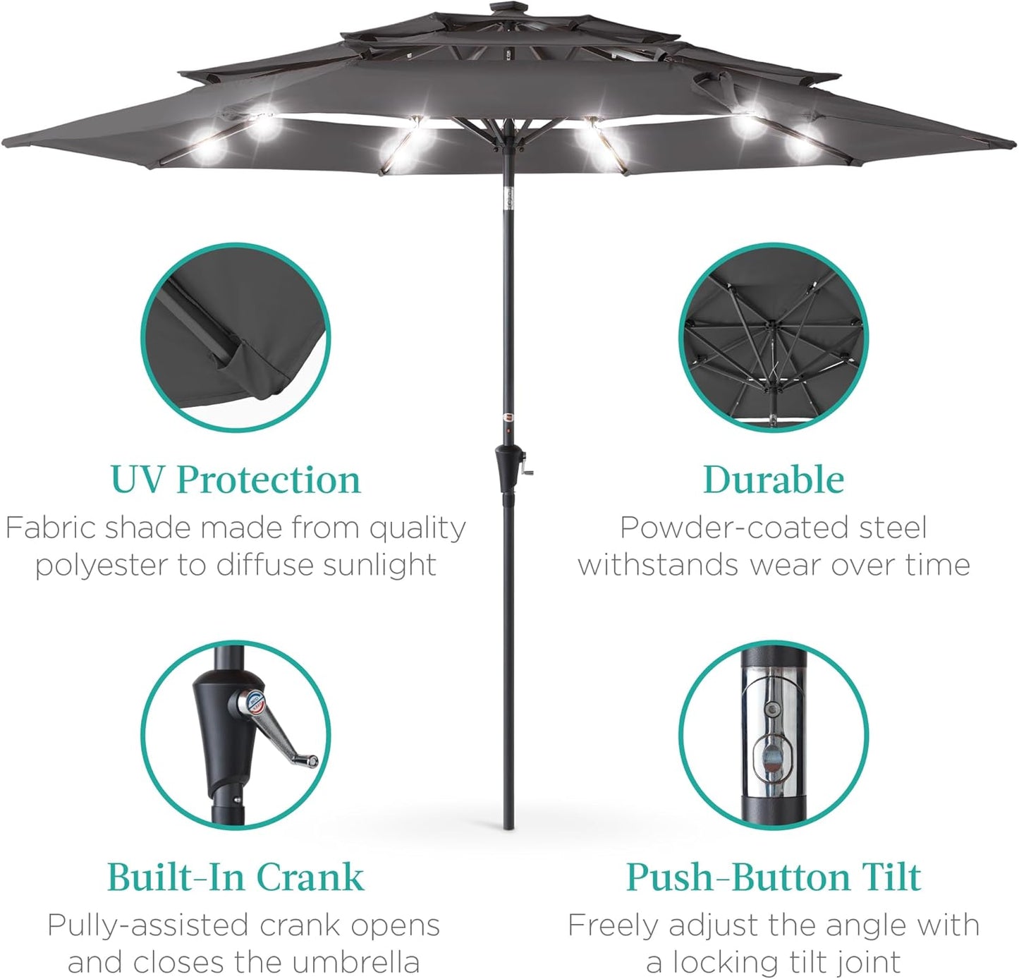 Best Choice Products 10ft 3-Tier Solar Patio Umbrella, Outdoor Market Sun Shade for Backyard, Deck, Poolside w/ 24 LED Lights, Tilt Adjustment, Easy Crank, 8 Ribs - Gray