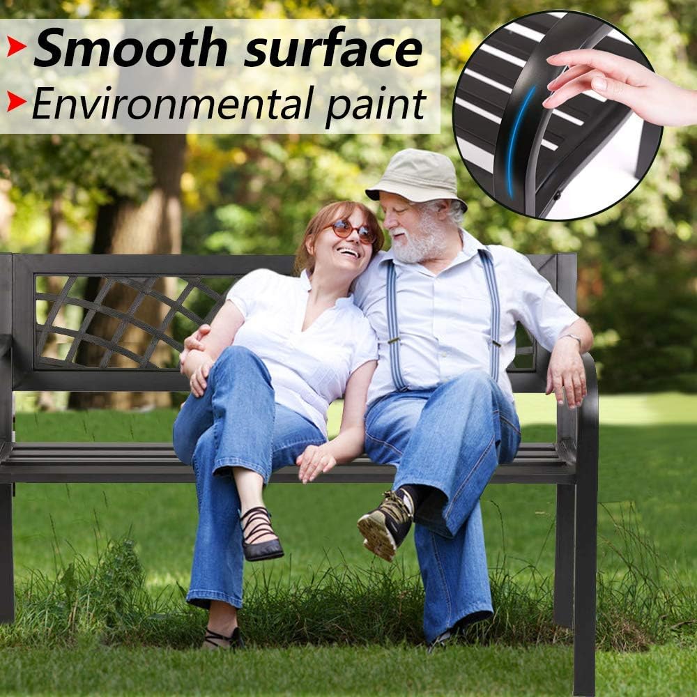 Patio Park Garden Bench Outdoor Metal Benches,400 lbs Cast Iron Steel Frame Chair w/PVC Mesh Pattern - for Park Yard Front Porch Path Yard Lawn Decor Deck Furniture,Black