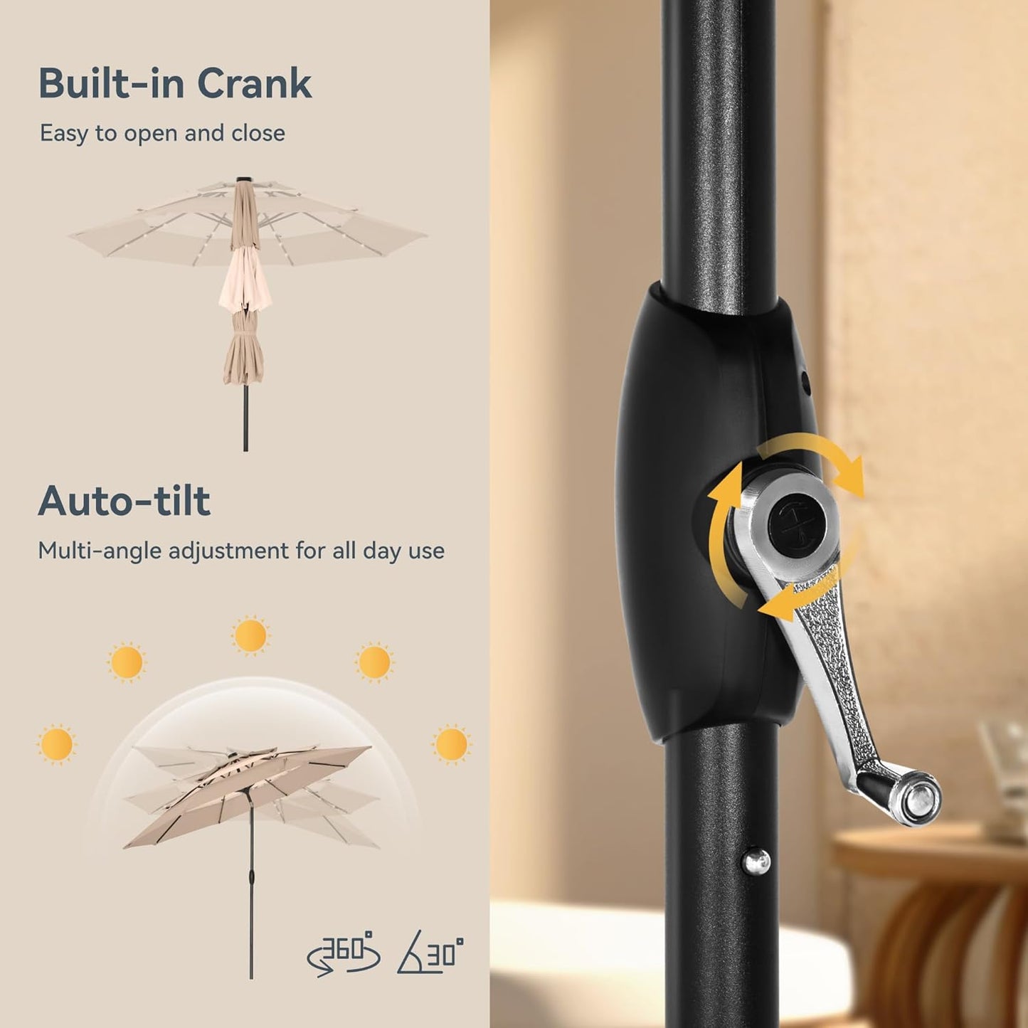 PHI VILLA 10ft Patio Umbrella with Solar Lights, Outdoor 3 Tier Vented Large Market Table Umbrella with 8 Sturdy Ribs and 1.5" Umbrellla Pole for Lawn Poolside Garden Terrace, Beige & Tan