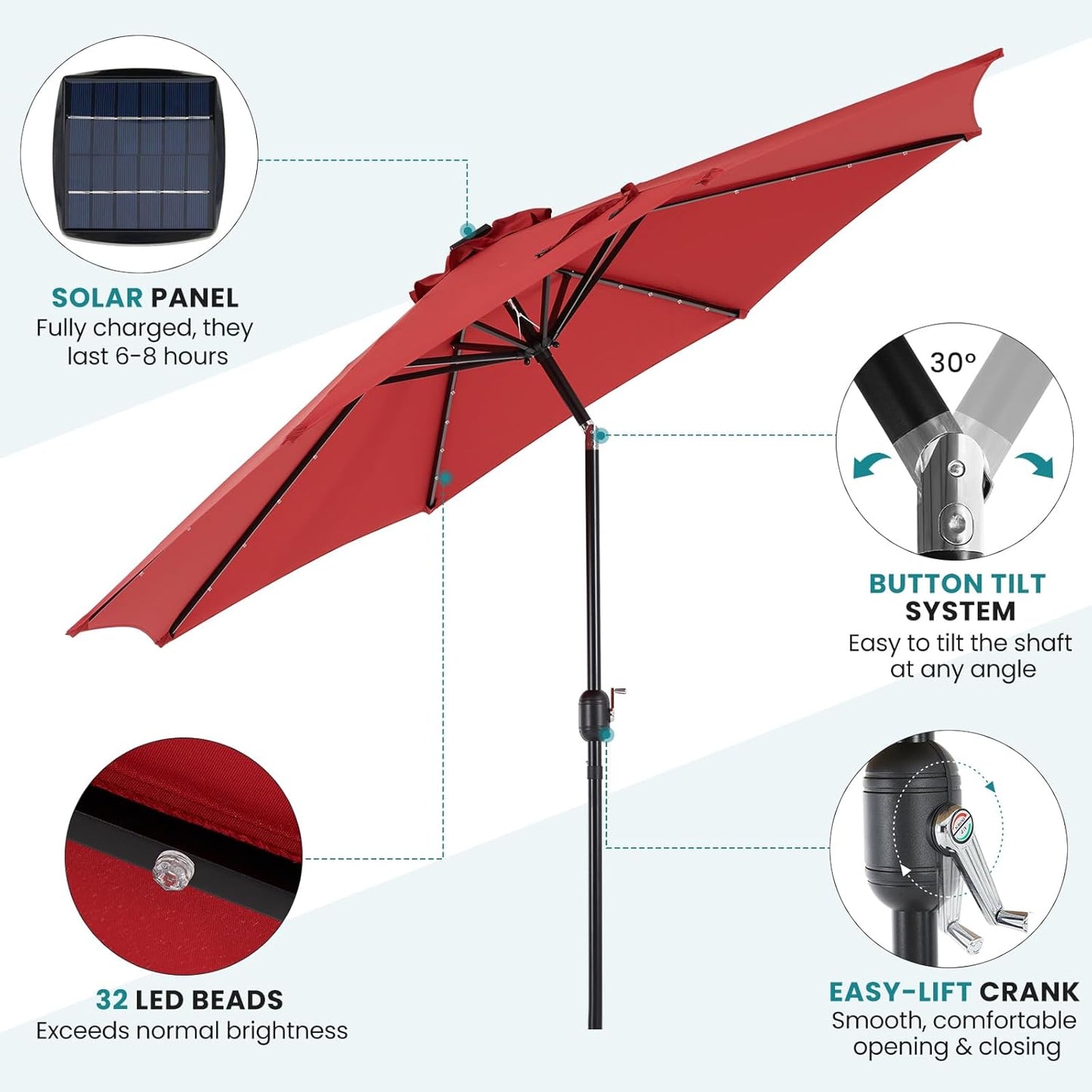 OLIXIS 10FT Solar Patio Umbrella with 32 LED Lights, Tilt and Crank Button, 8 Sturdy Ribs Waterproof, Patio Umbrellas Sun Shade for Poolside, Terrace, Beach and Outdoor Restaurant, Deep Red